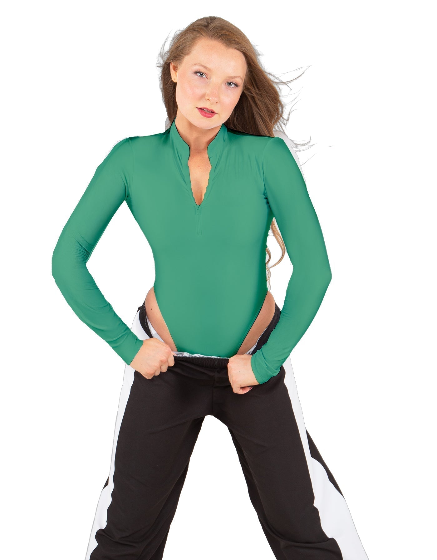 Solid Lycra LS TNeck Zipper Front Leotard High Cut Leg