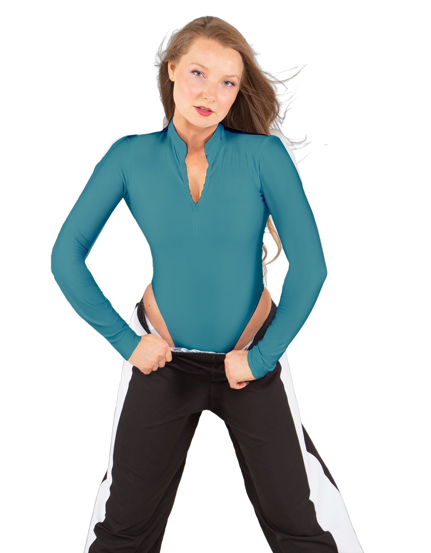 Solid Lycra LS TNeck Zipper Front Leotard High Cut Leg