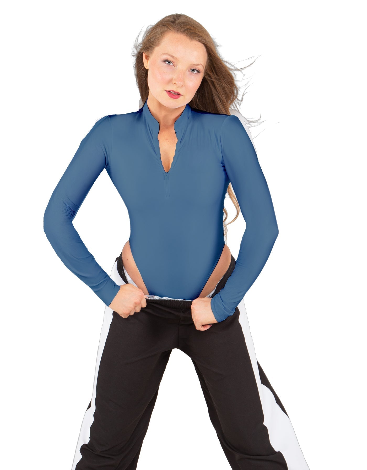Solid Lycra LS TNeck Zipper Front Leotard High Cut Leg