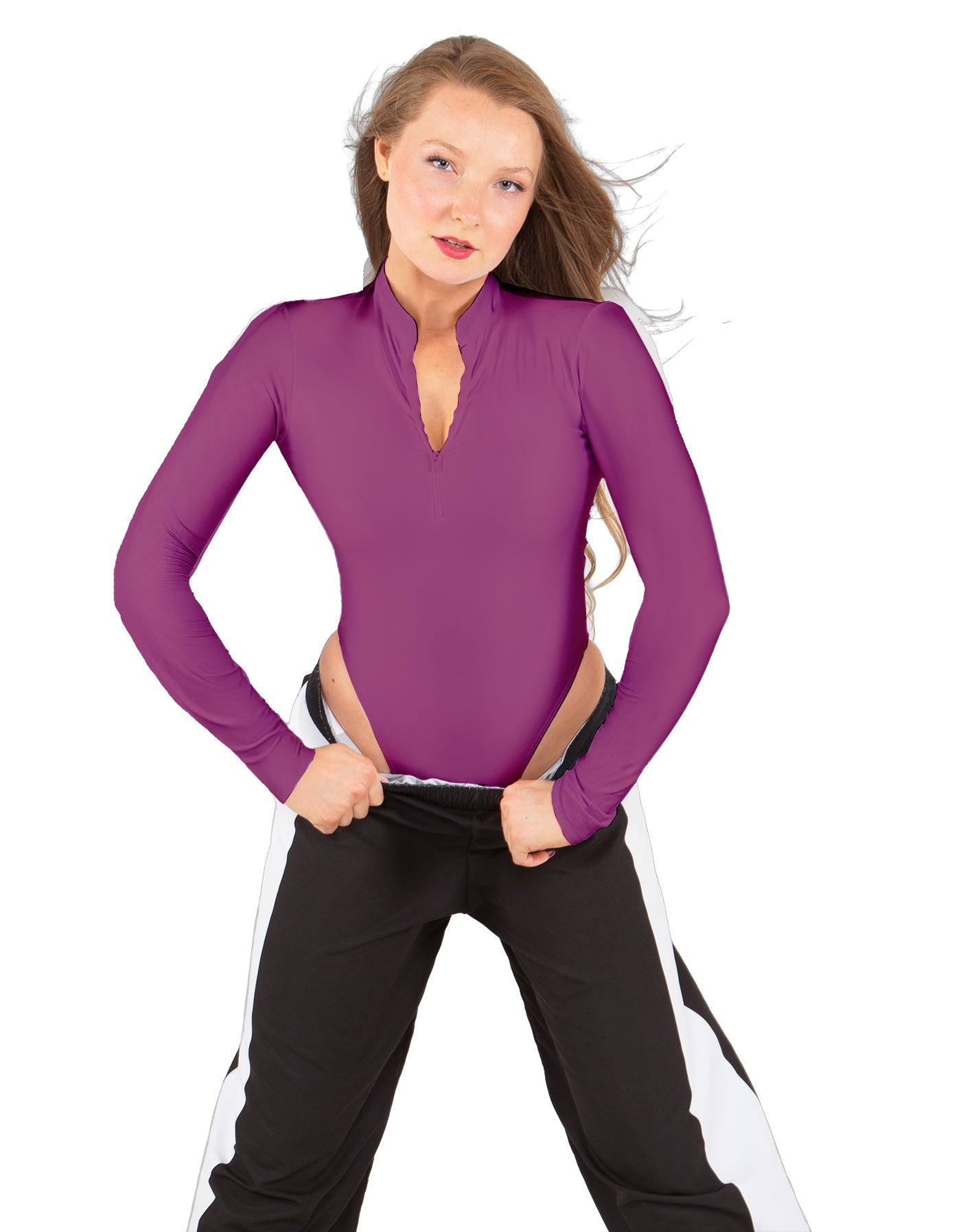 Solid Lycra LS TNeck Zipper Front Leotard High Cut Leg