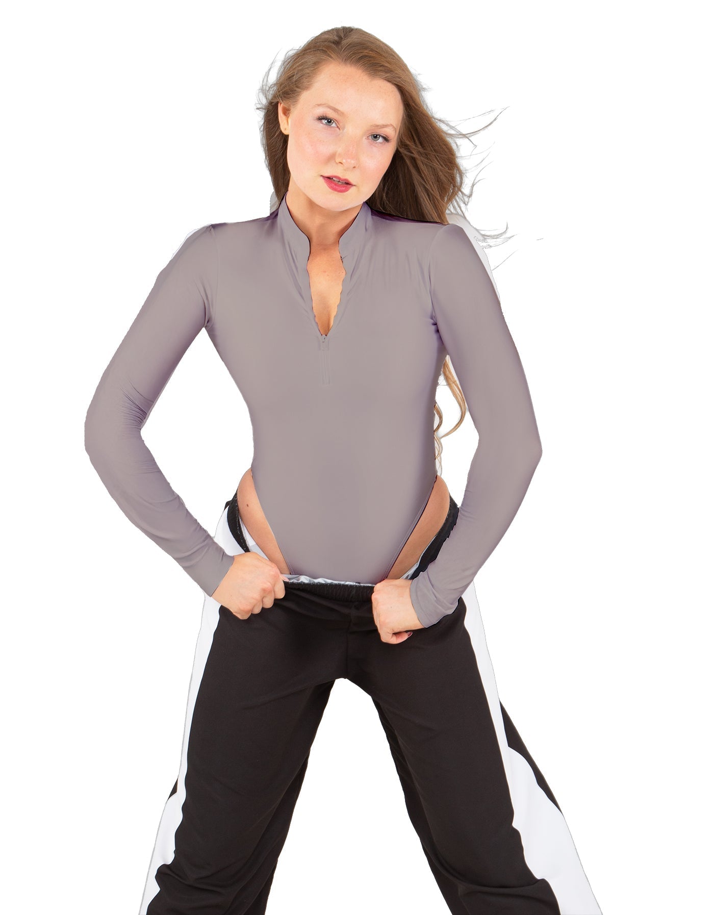 Solid Lycra LS TNeck Zipper Front Leotard High Cut Leg