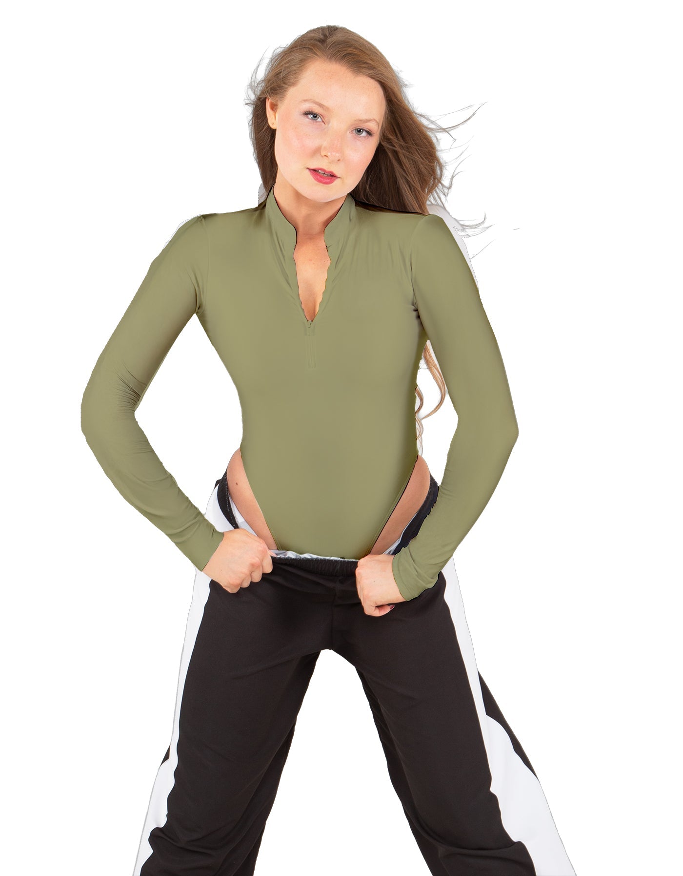 Solid Lycra LS TNeck Zipper Front Leotard High Cut Leg