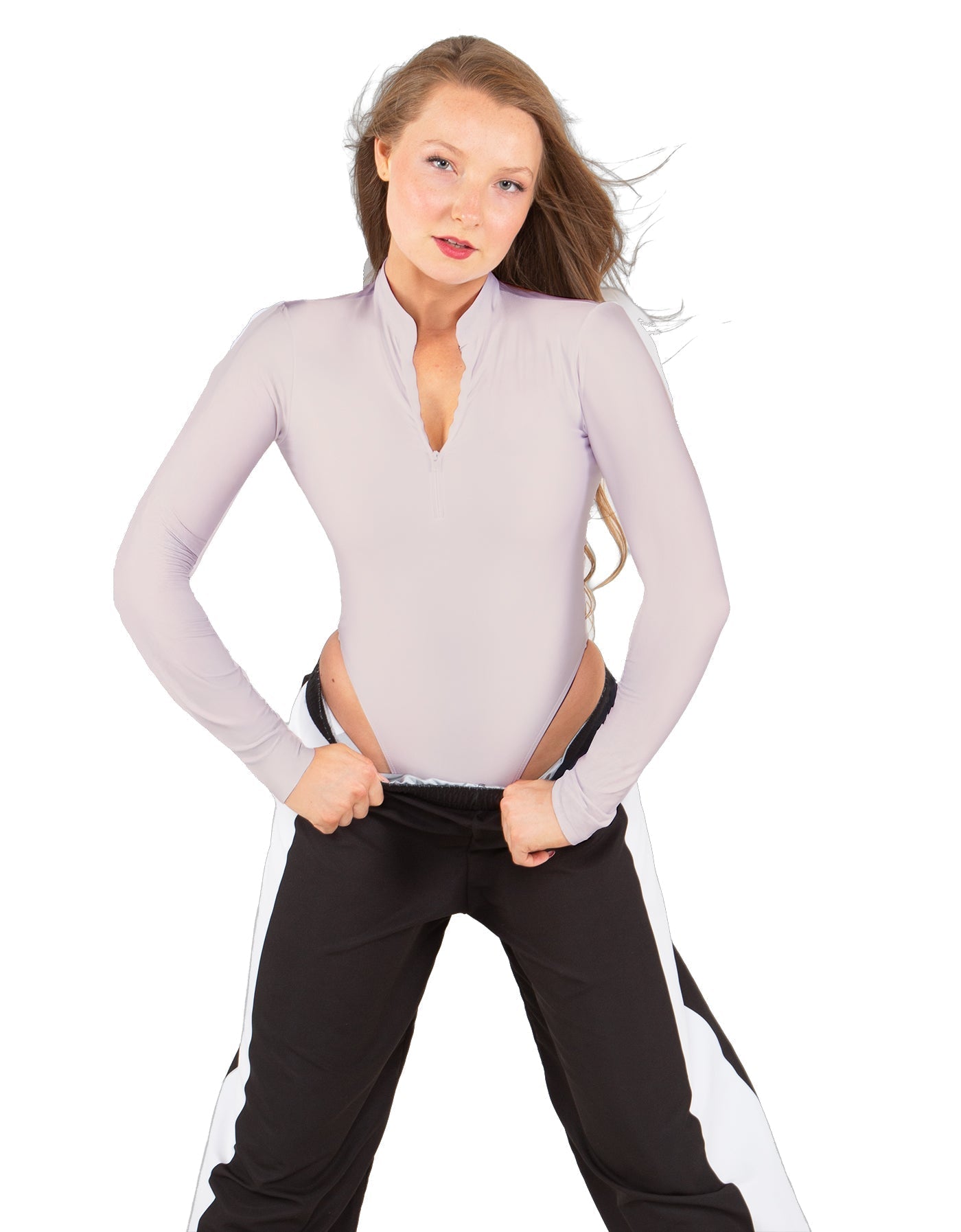 Solid Lycra LS TNeck Zipper Front Leotard High Cut Leg