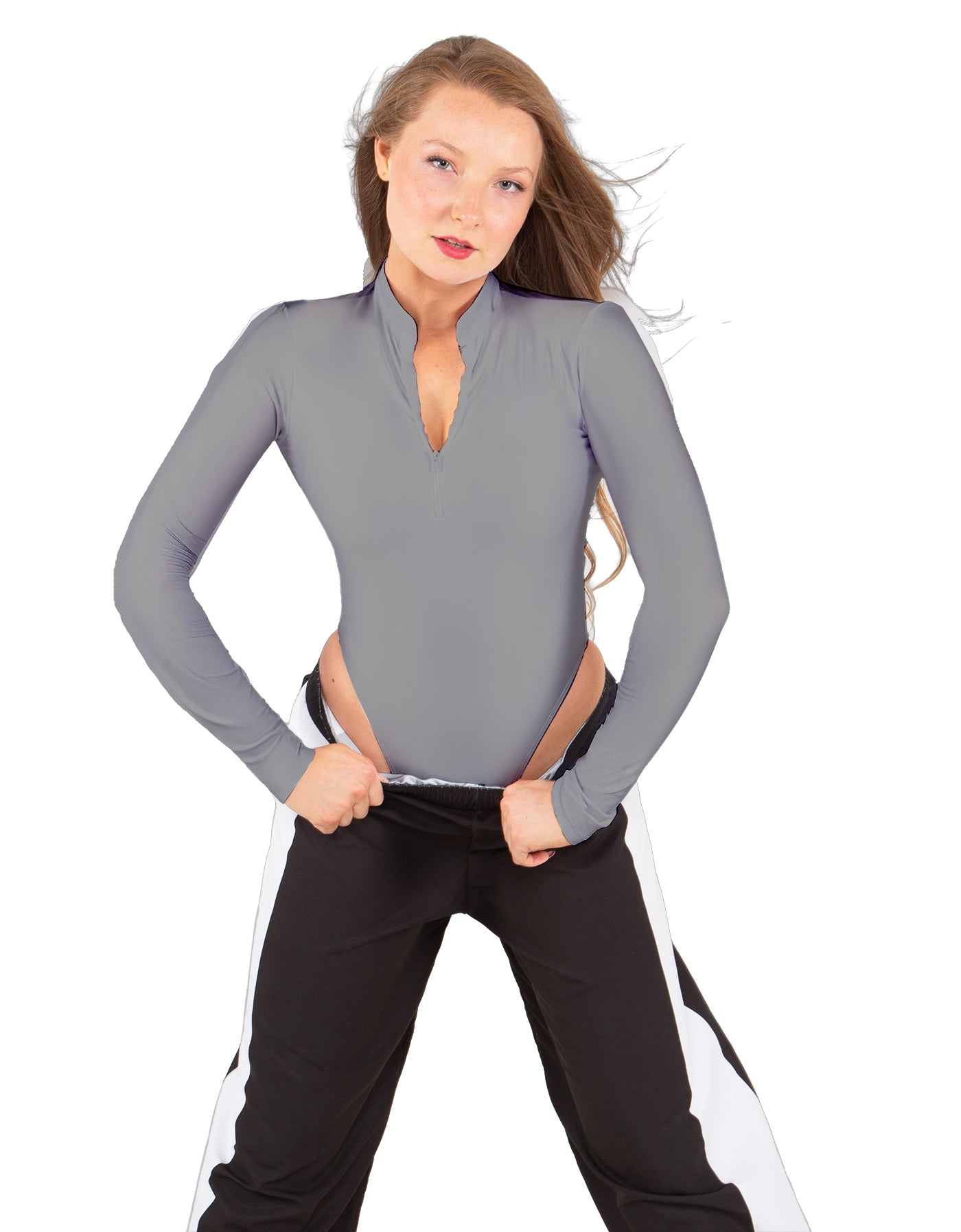 Solid Lycra LS TNeck Zipper Front Leotard High Cut Leg