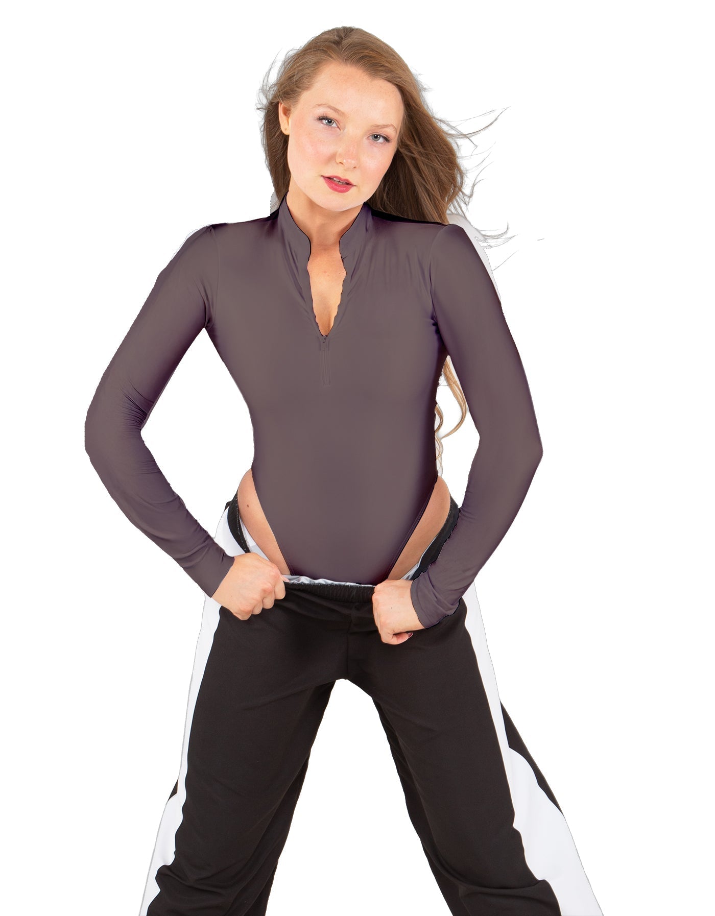 Solid Lycra LS TNeck Zipper Front Leotard High Cut Leg