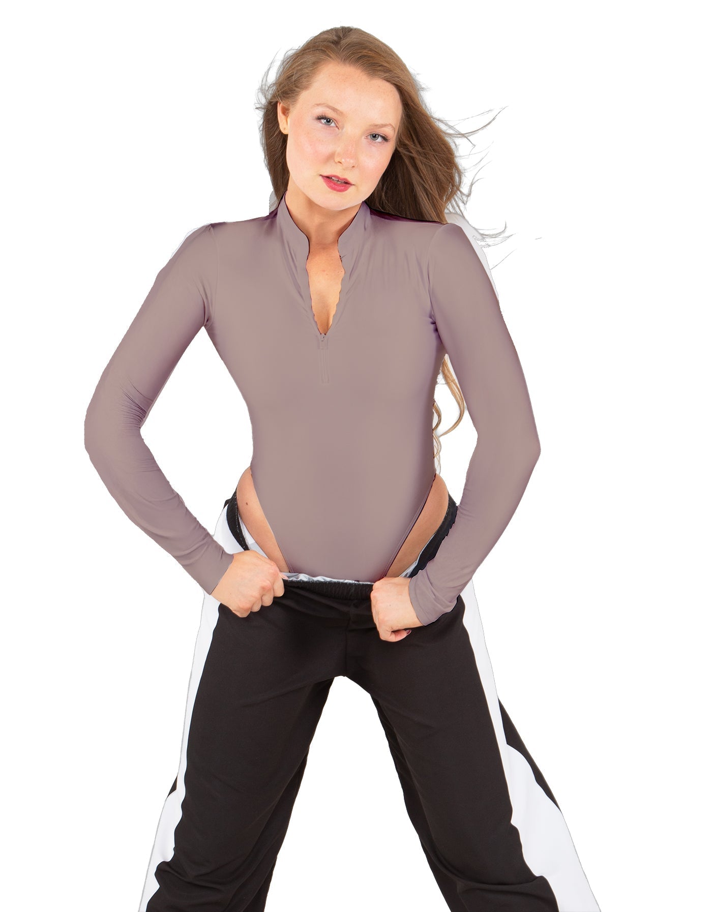 Solid Lycra LS TNeck Zipper Front Leotard High Cut Leg