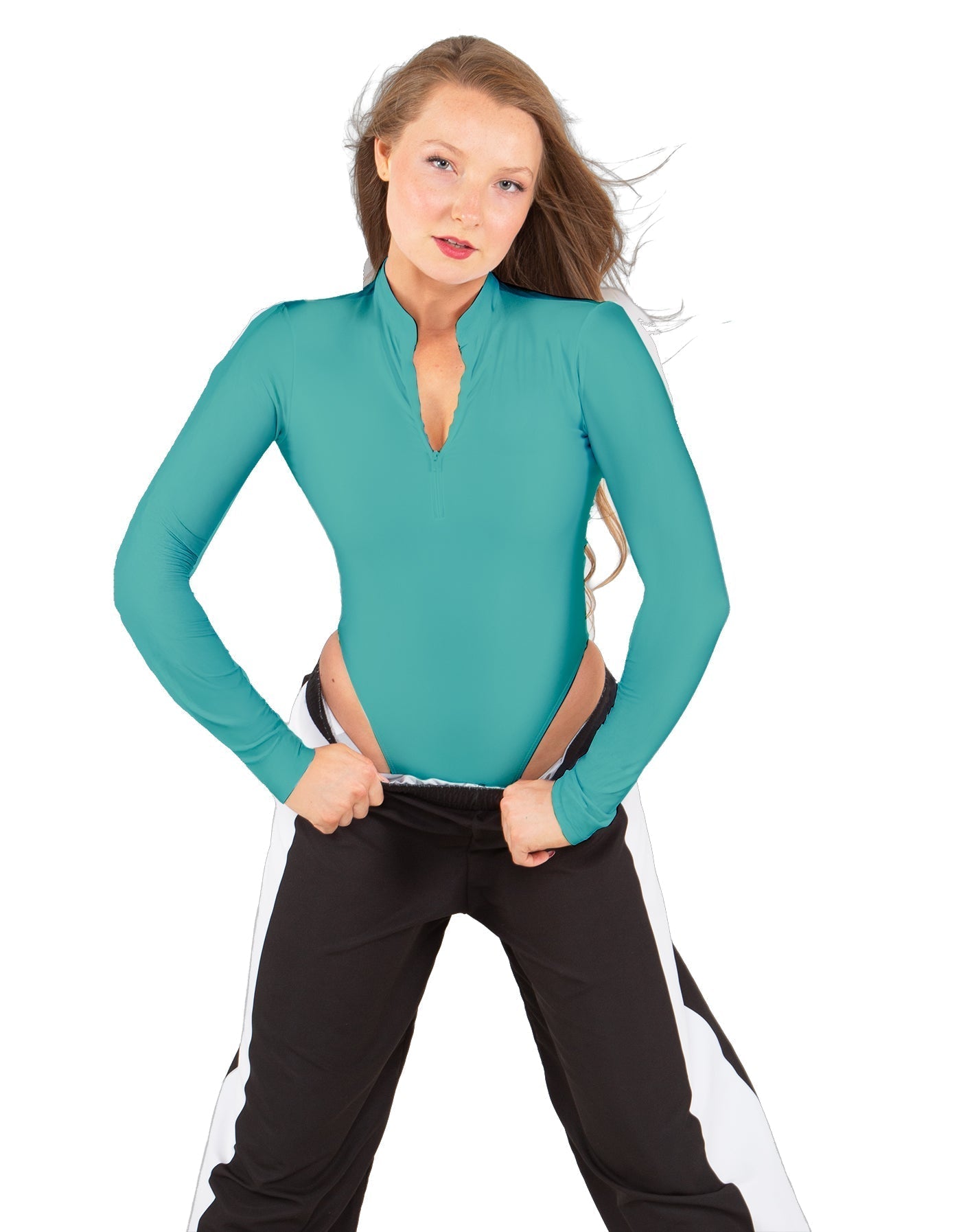 Solid Lycra LS TNeck Zipper Front Leotard High Cut Leg