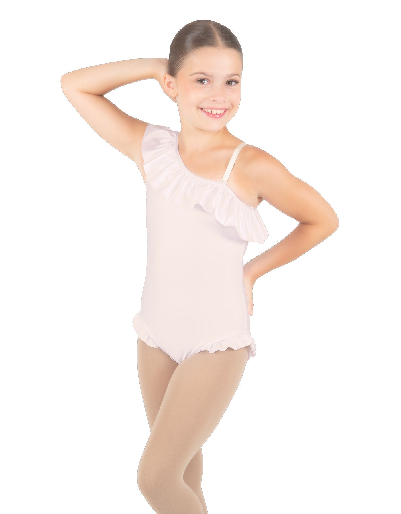 Solid Lycra One Shoulder w Ruffle w Leg Flutter Leotard