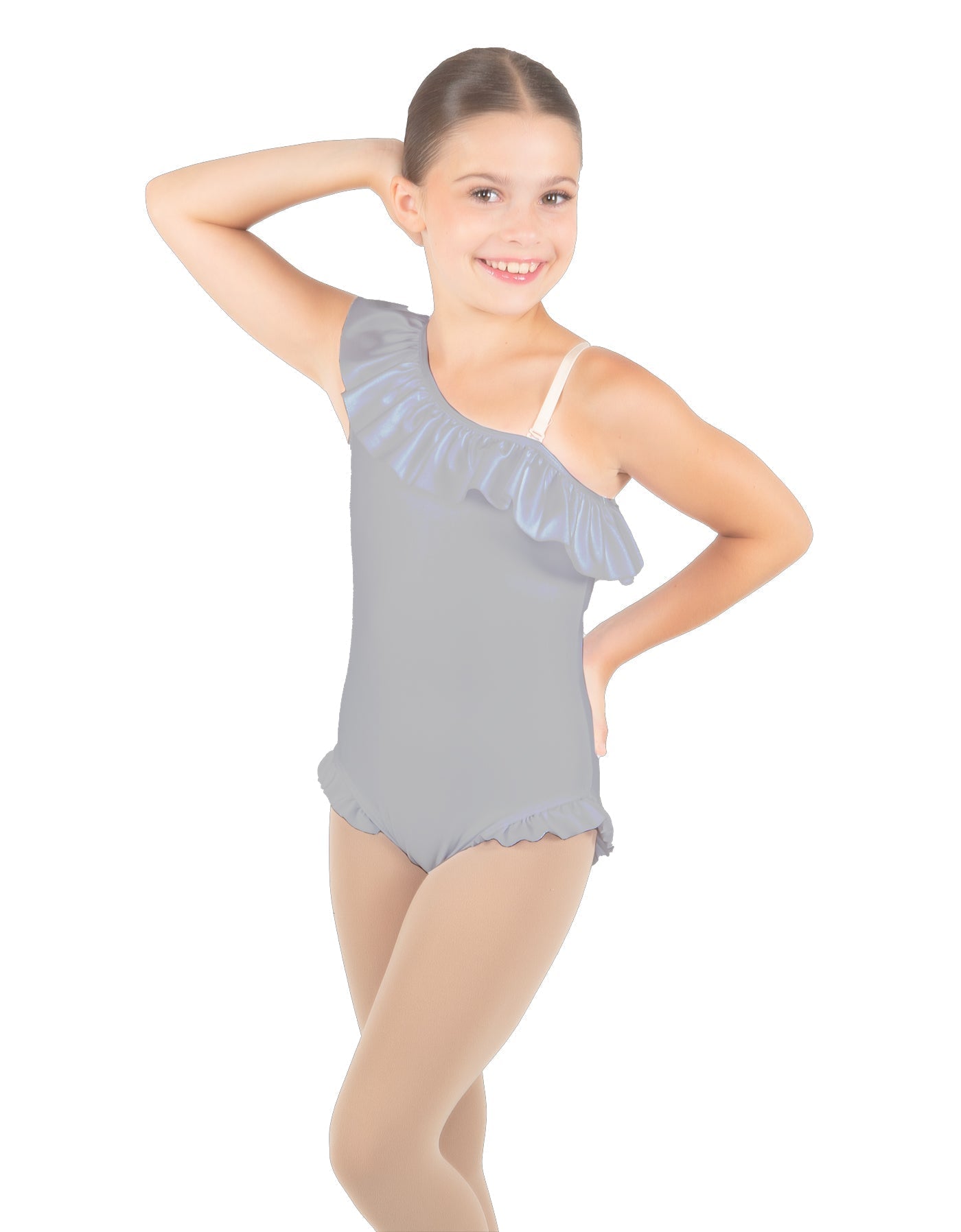 Solid Lycra One Shoulder w Ruffle w Leg Flutter Leotard