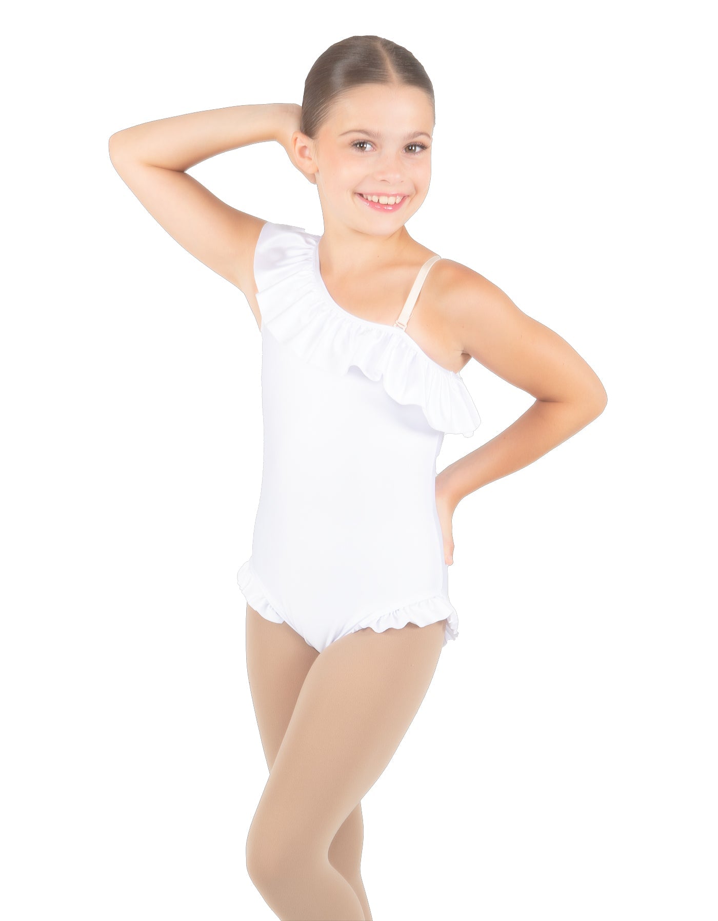 Solid Lycra One Shoulder w Ruffle w Leg Flutter Leotard