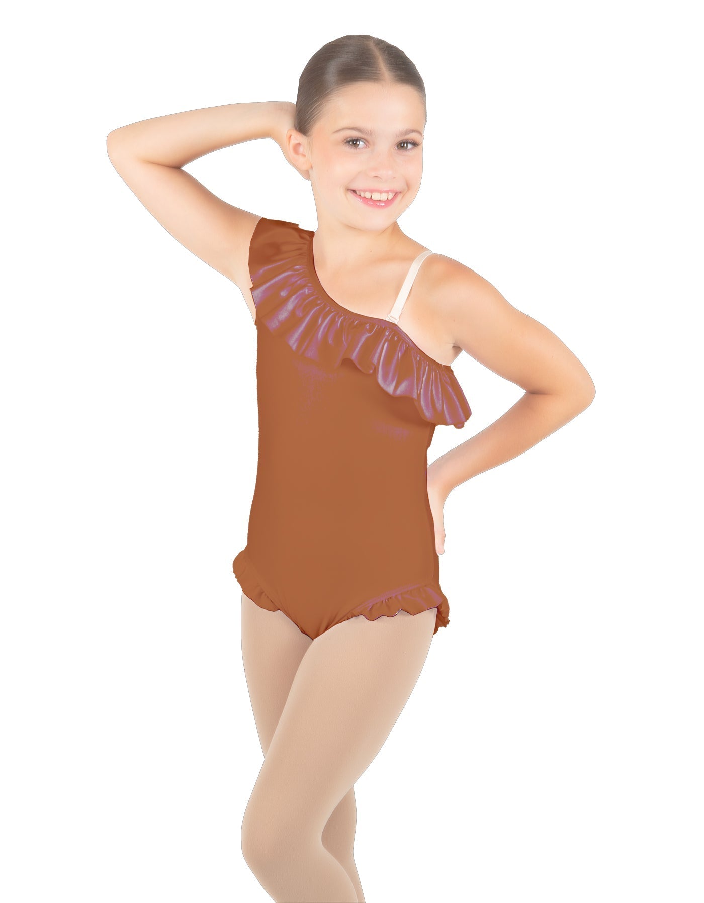 Solid Lycra One Shoulder w Ruffle w Leg Flutter Leotard