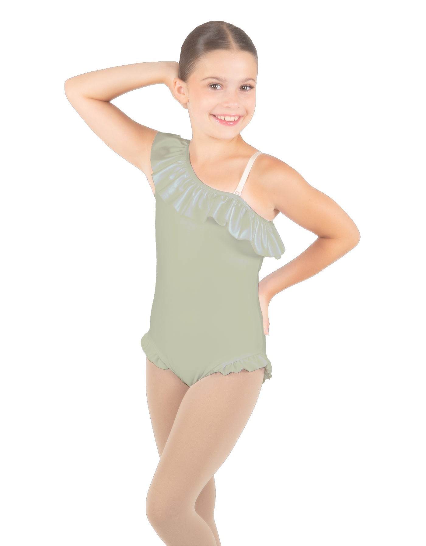 Solid Lycra One Shoulder w Ruffle w Leg Flutter Leotard