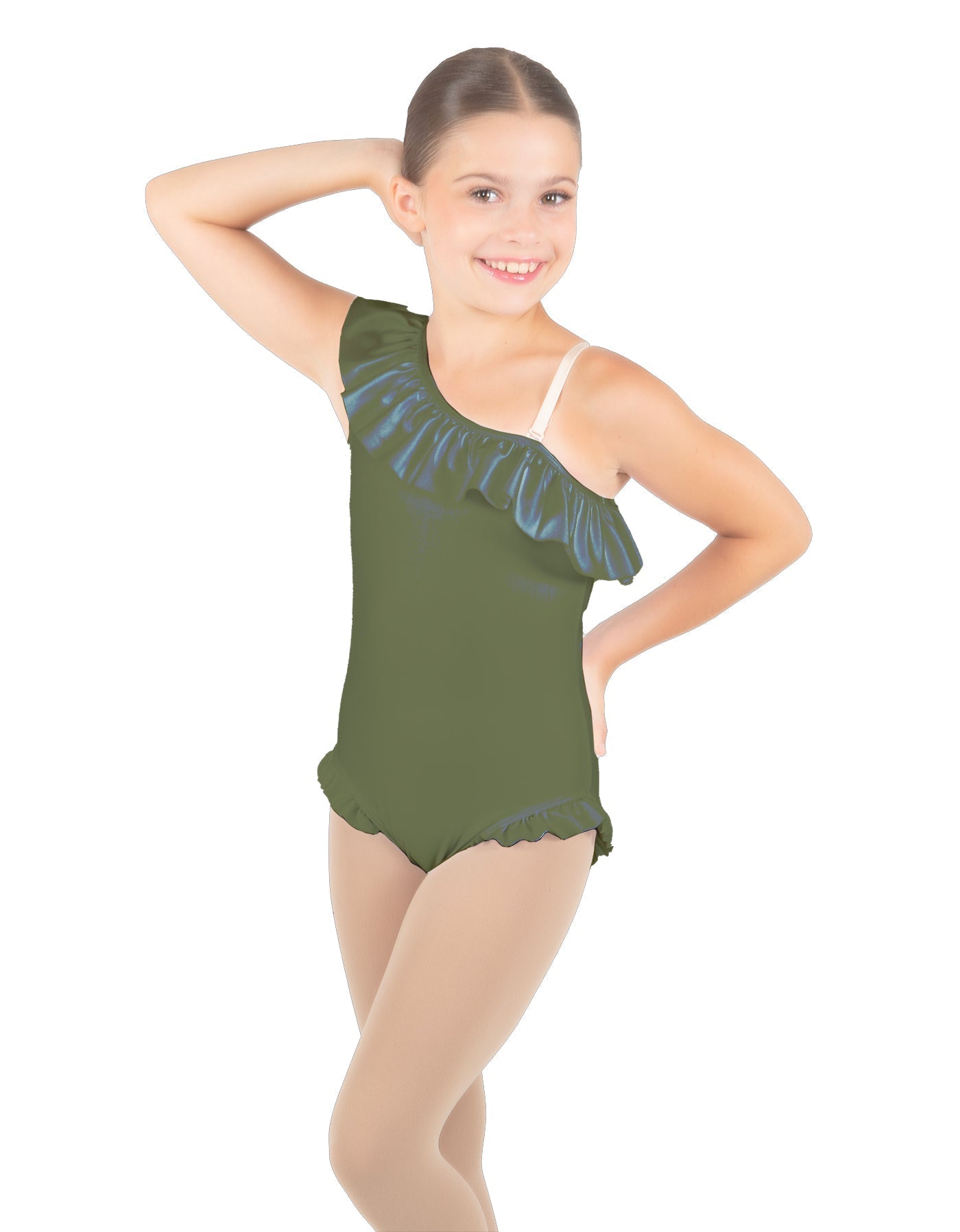 Solid Lycra One Shoulder w Ruffle w Leg Flutter Leotard