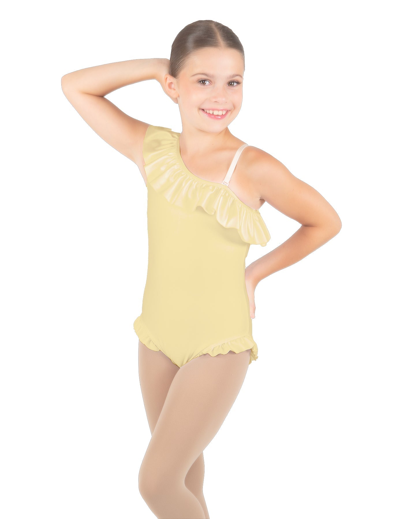 Solid Lycra One Shoulder w Ruffle w Leg Flutter Leotard