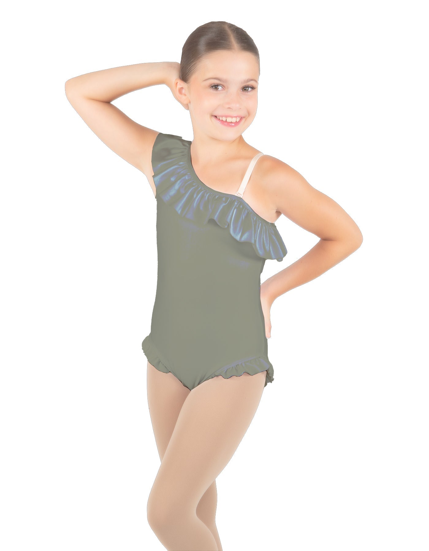 Solid Lycra One Shoulder w Ruffle w Leg Flutter Leotard