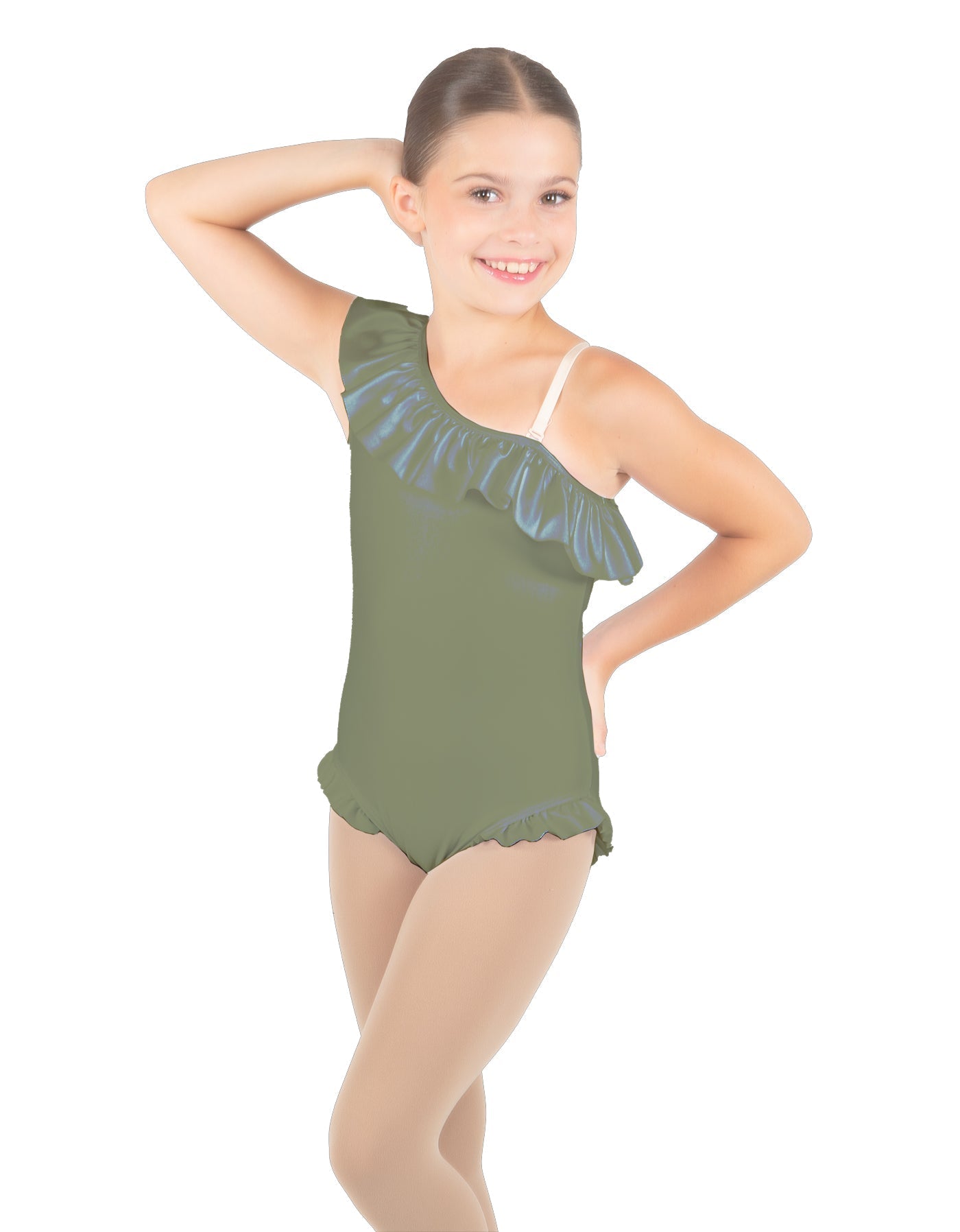 Solid Lycra One Shoulder w Ruffle w Leg Flutter Leotard
