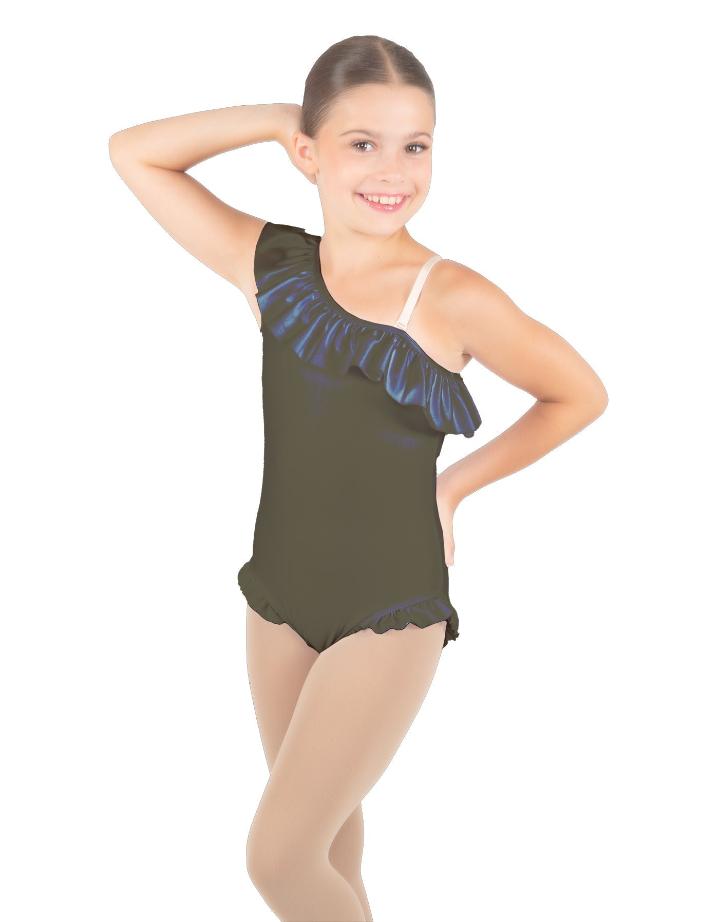 Solid Lycra One Shoulder w Ruffle w Leg Flutter Leotard