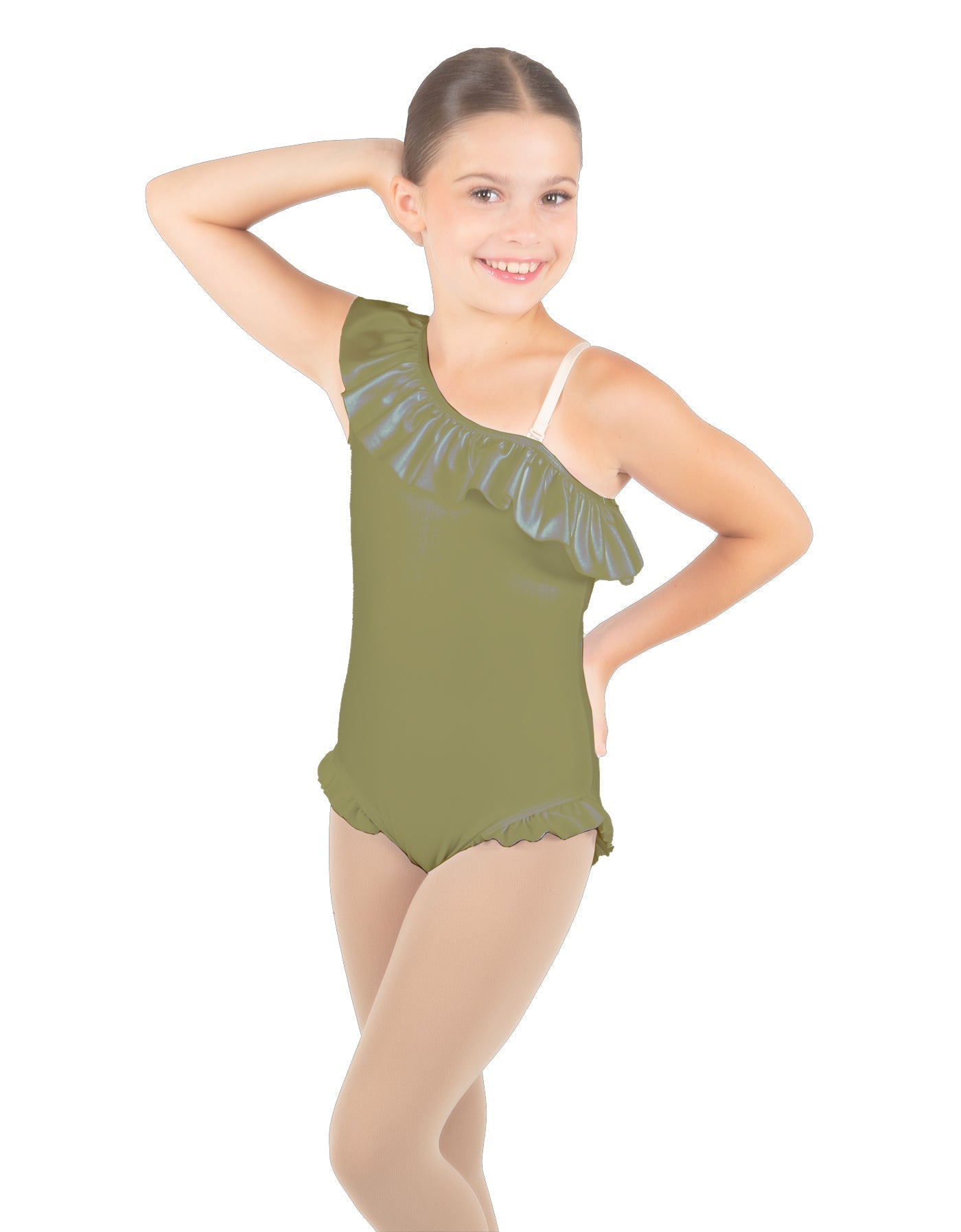 Solid Lycra One Shoulder w Ruffle w Leg Flutter Leotard