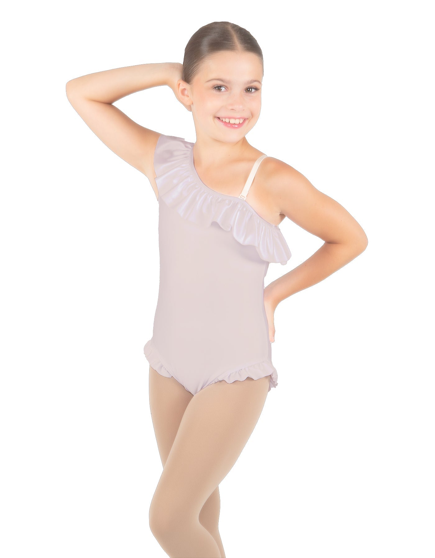 Solid Lycra One Shoulder w Ruffle w Leg Flutter Leotard