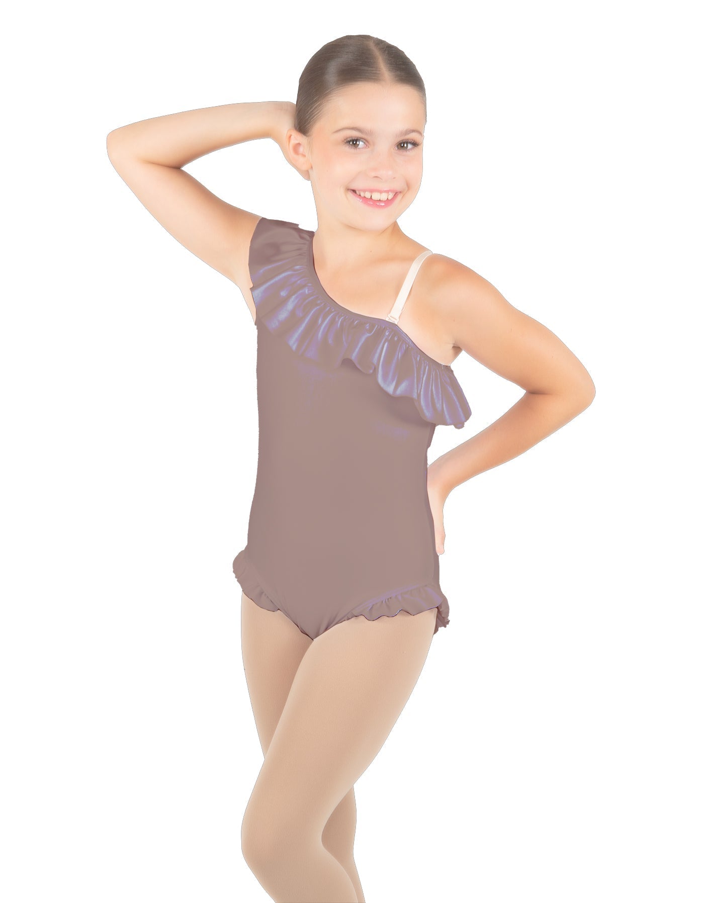 Solid Lycra One Shoulder w Ruffle w Leg Flutter Leotard