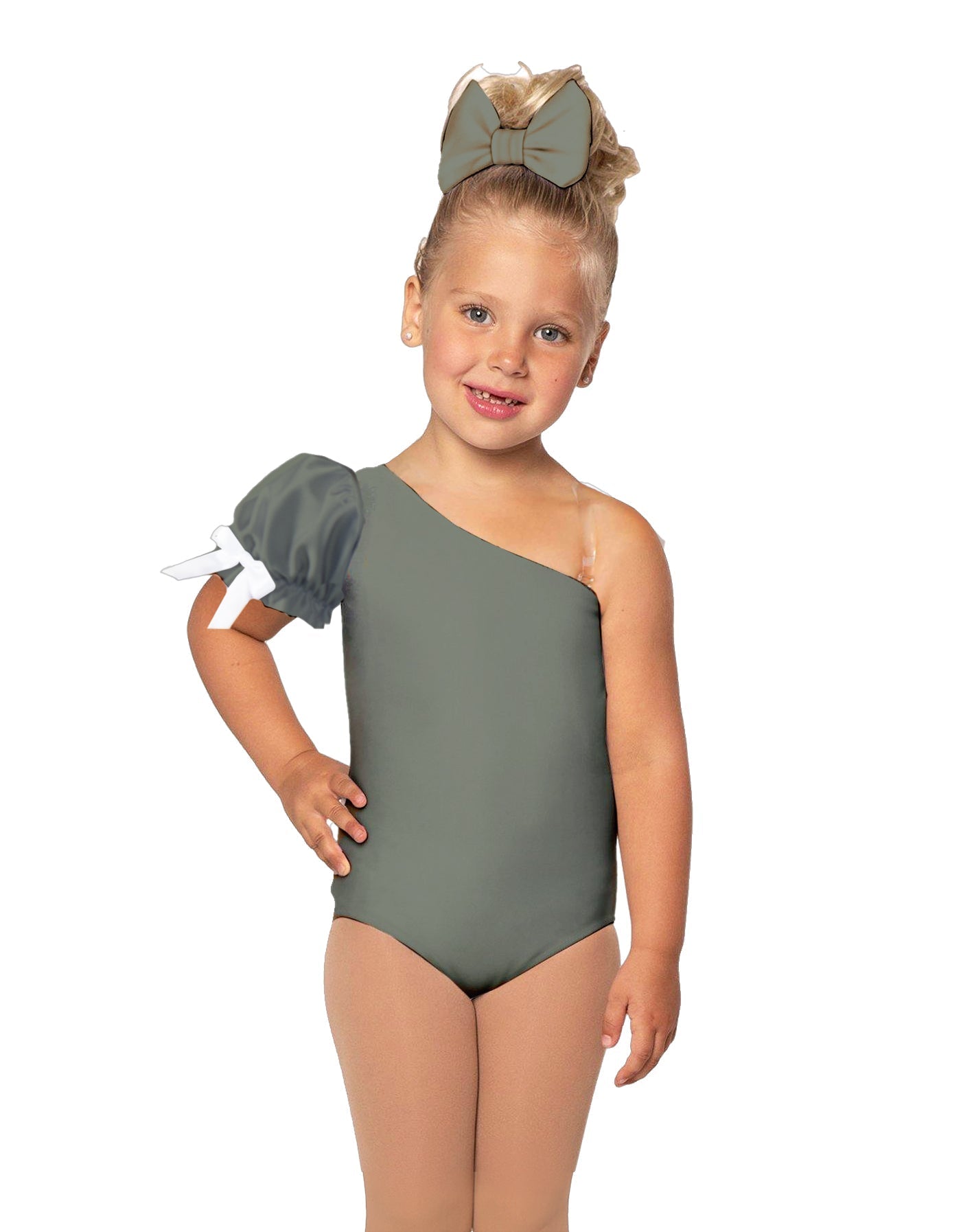Solid Lycra One Shoulder Puff Sleeve Leotard