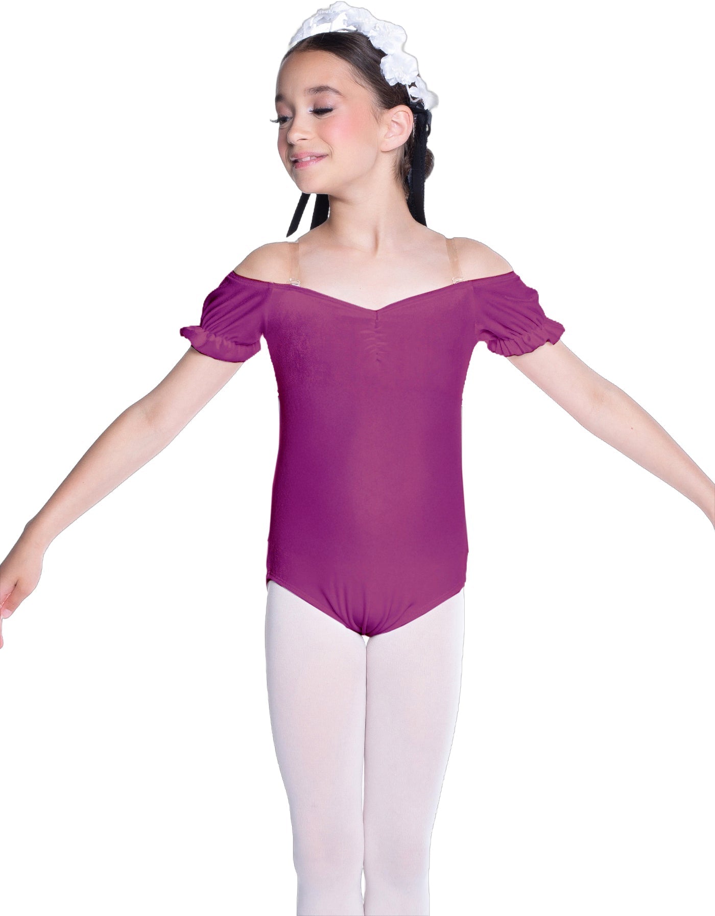Solid Lycra Puff Sleeve Off the Shoulder Peasant Leotard