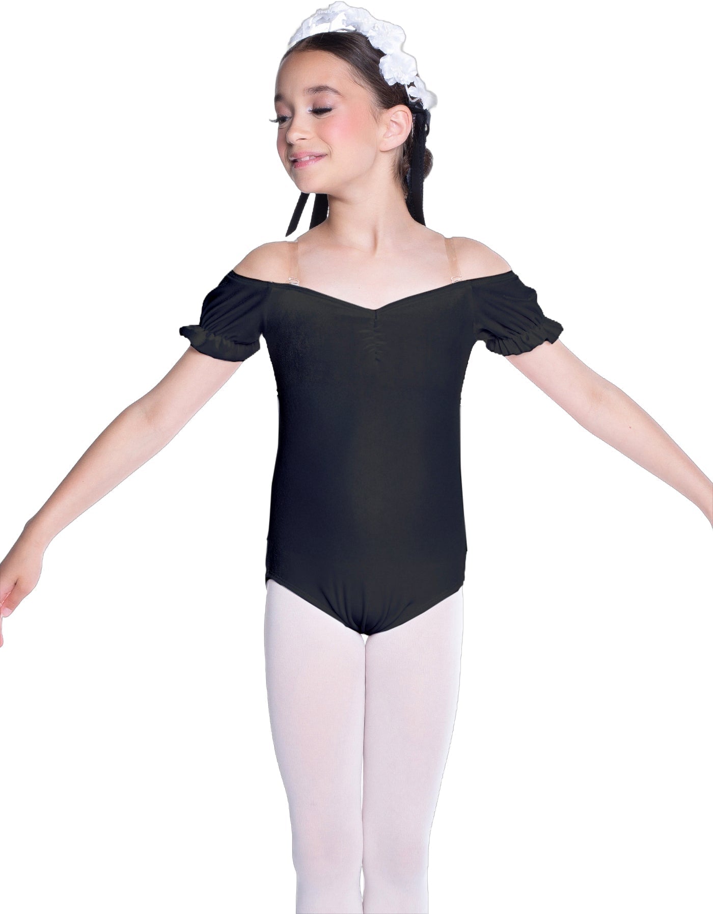 Solid Lycra Puff Sleeve Off the Shoulder Peasant Leotard