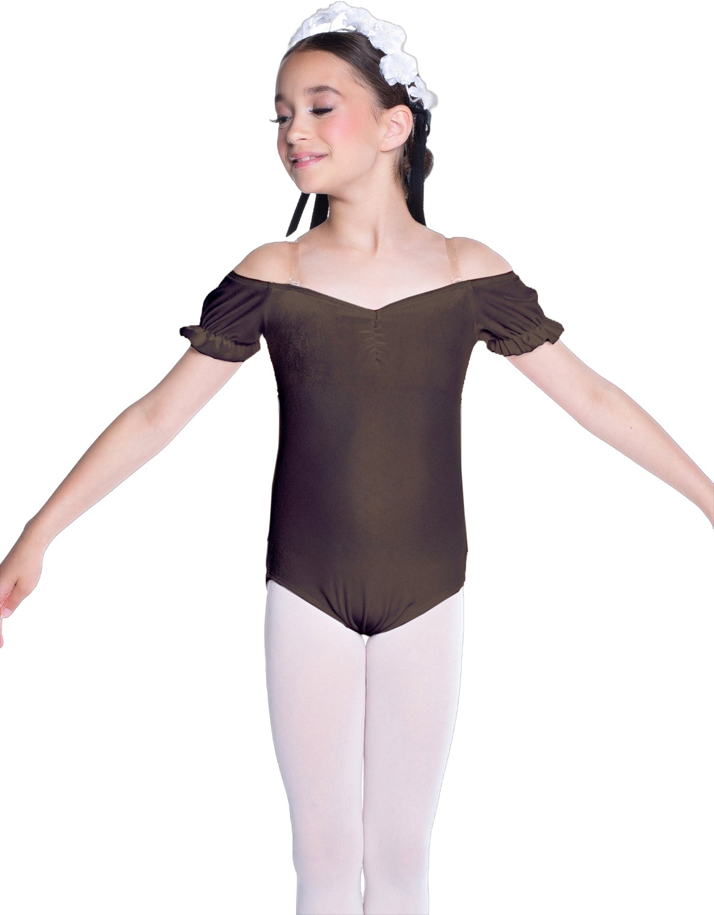 Solid Lycra Puff Sleeve Off the Shoulder Peasant Leotard