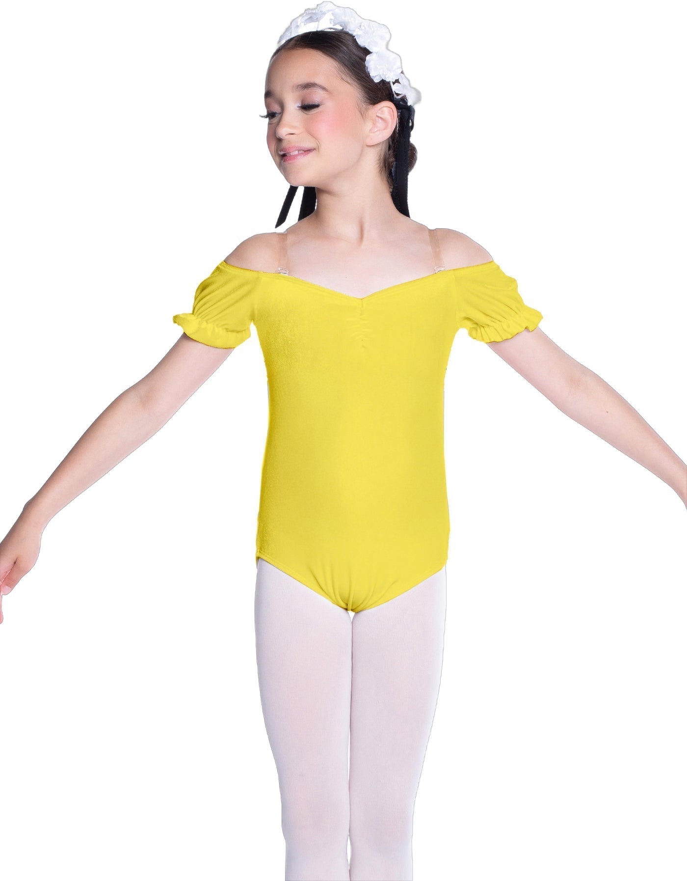 Solid Lycra Puff Sleeve Off the Shoulder Peasant Leotard