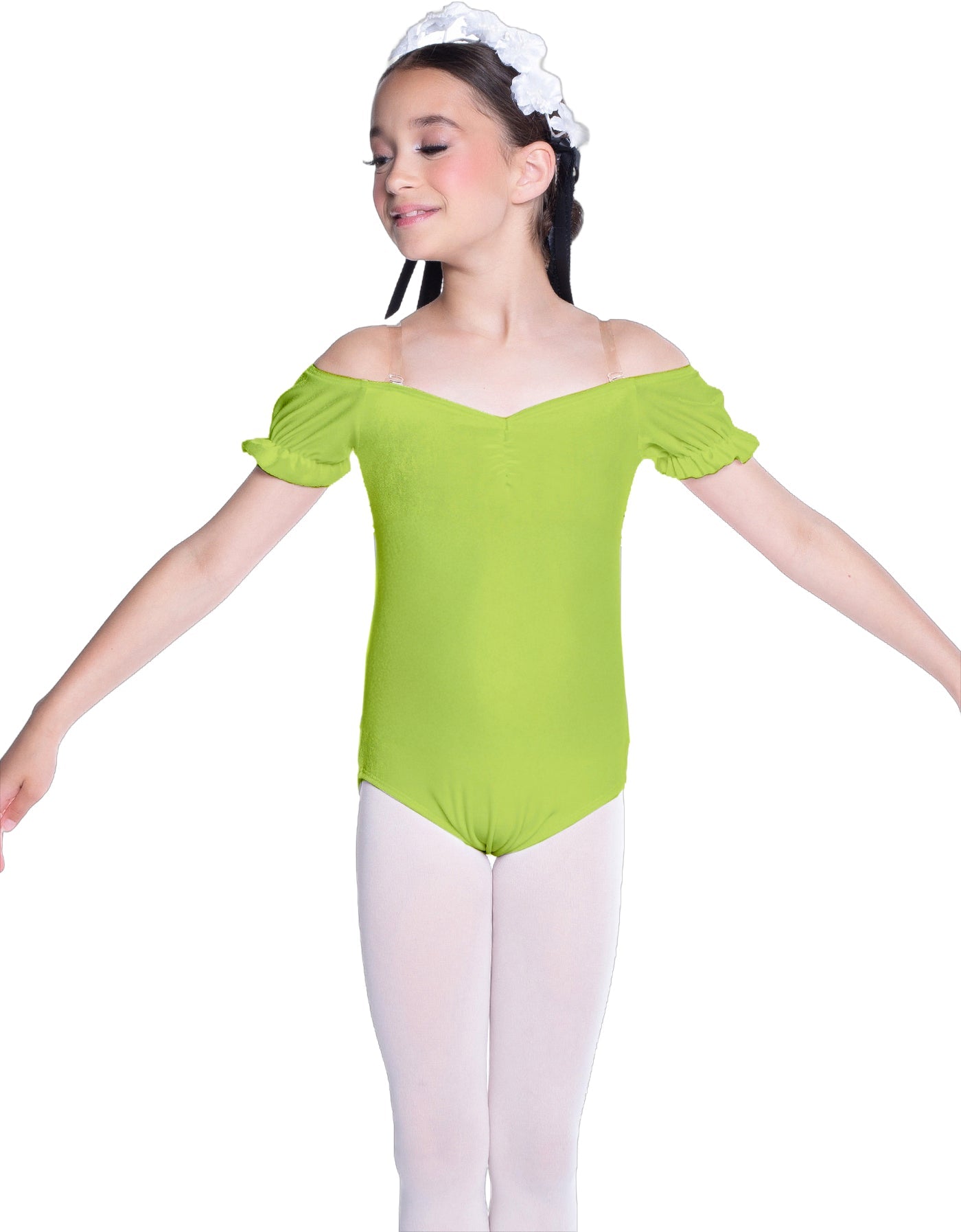 Solid Lycra Puff Sleeve Off the Shoulder Peasant Leotard