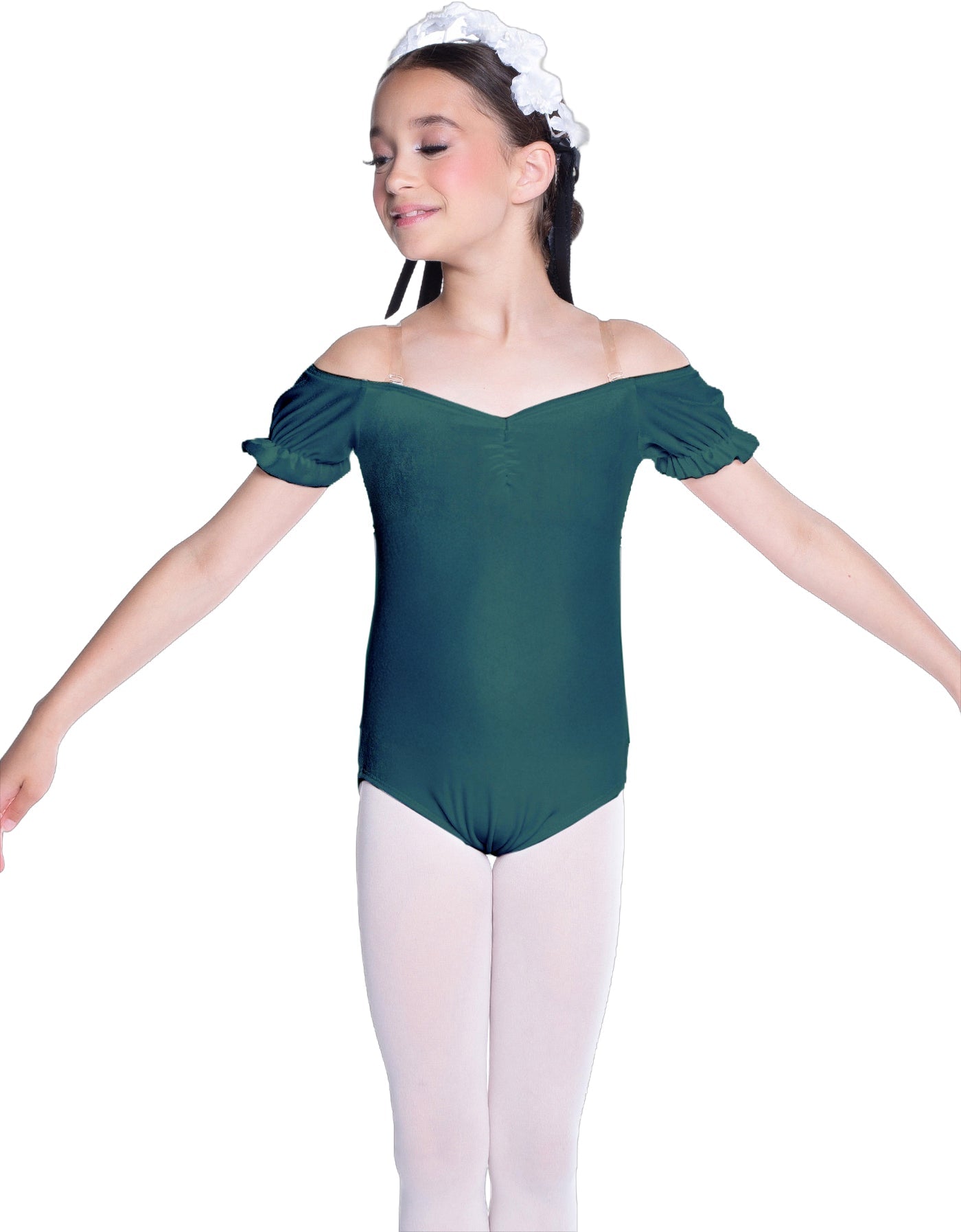 Solid Lycra Puff Sleeve Off the Shoulder Peasant Leotard