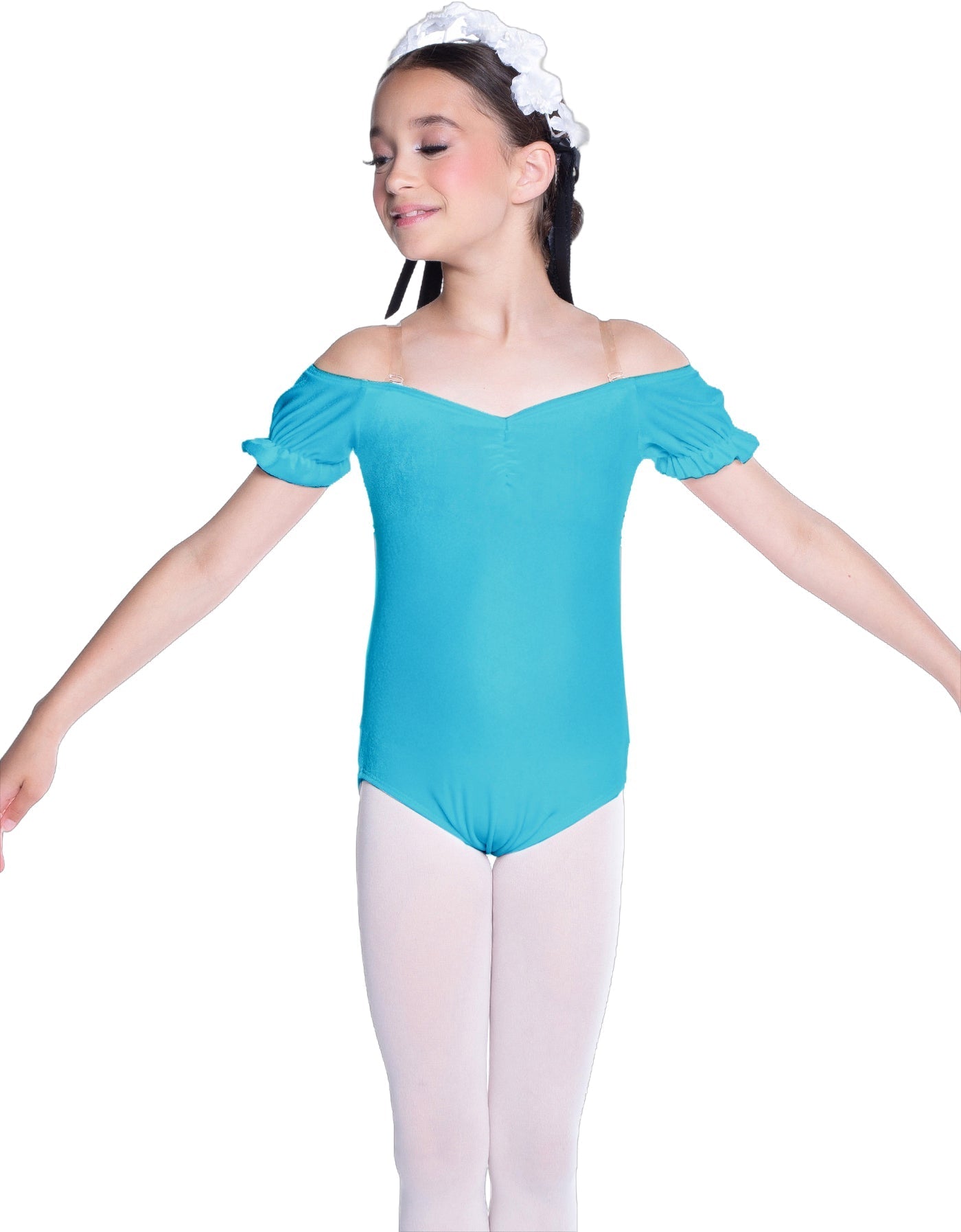 Solid Lycra Puff Sleeve Off the Shoulder Peasant Leotard