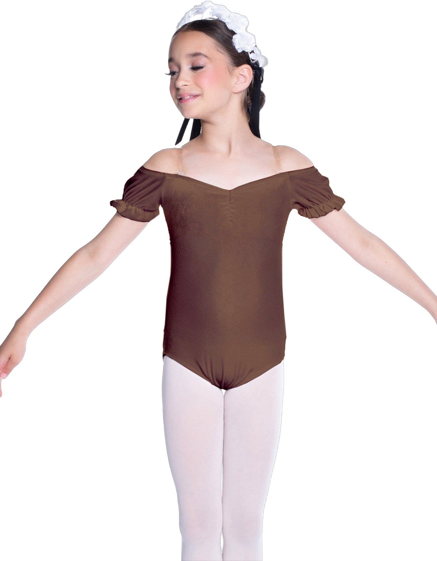 Solid Lycra Puff Sleeve Off the Shoulder Peasant Leotard