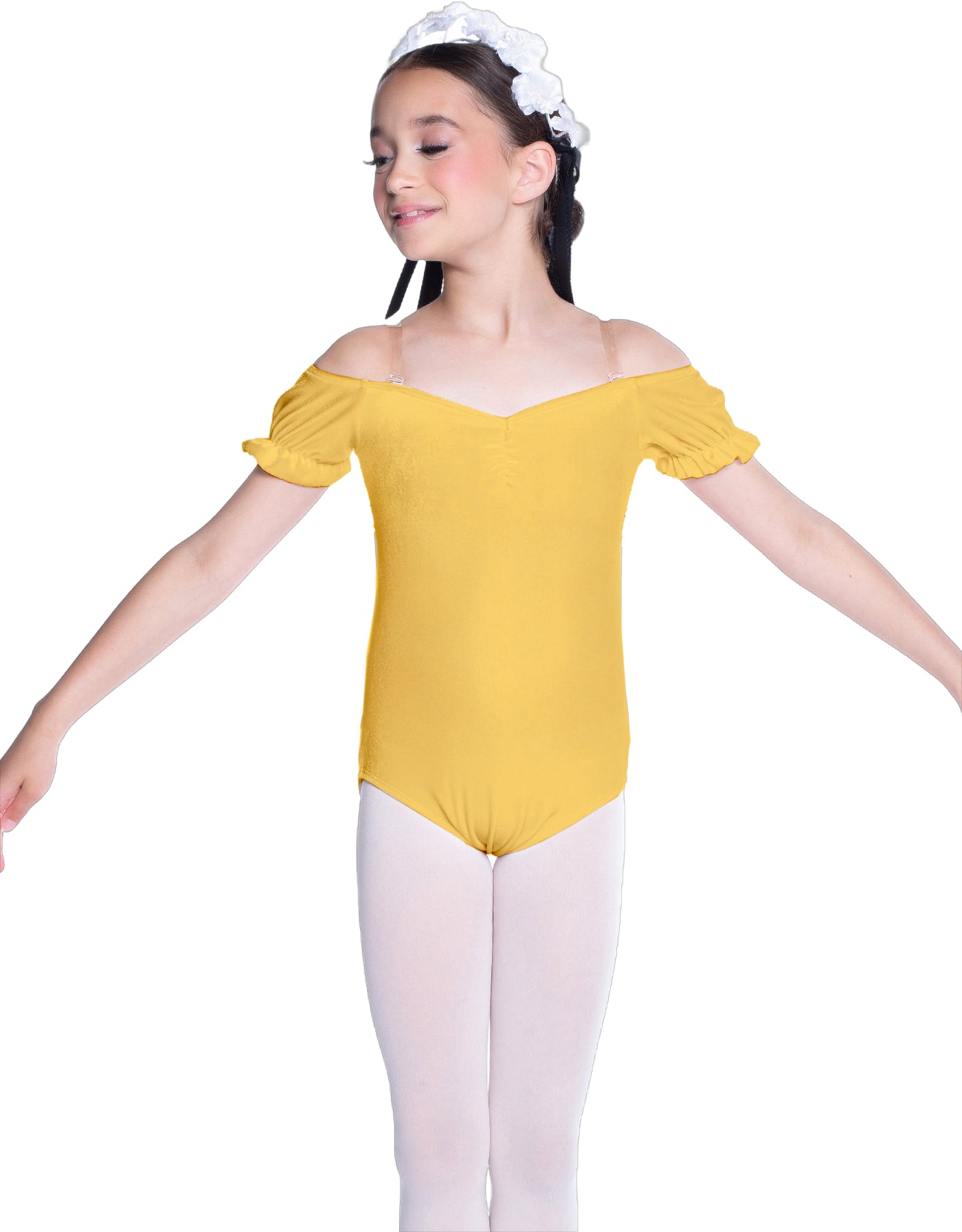 Solid Lycra Puff Sleeve Off the Shoulder Peasant Leotard