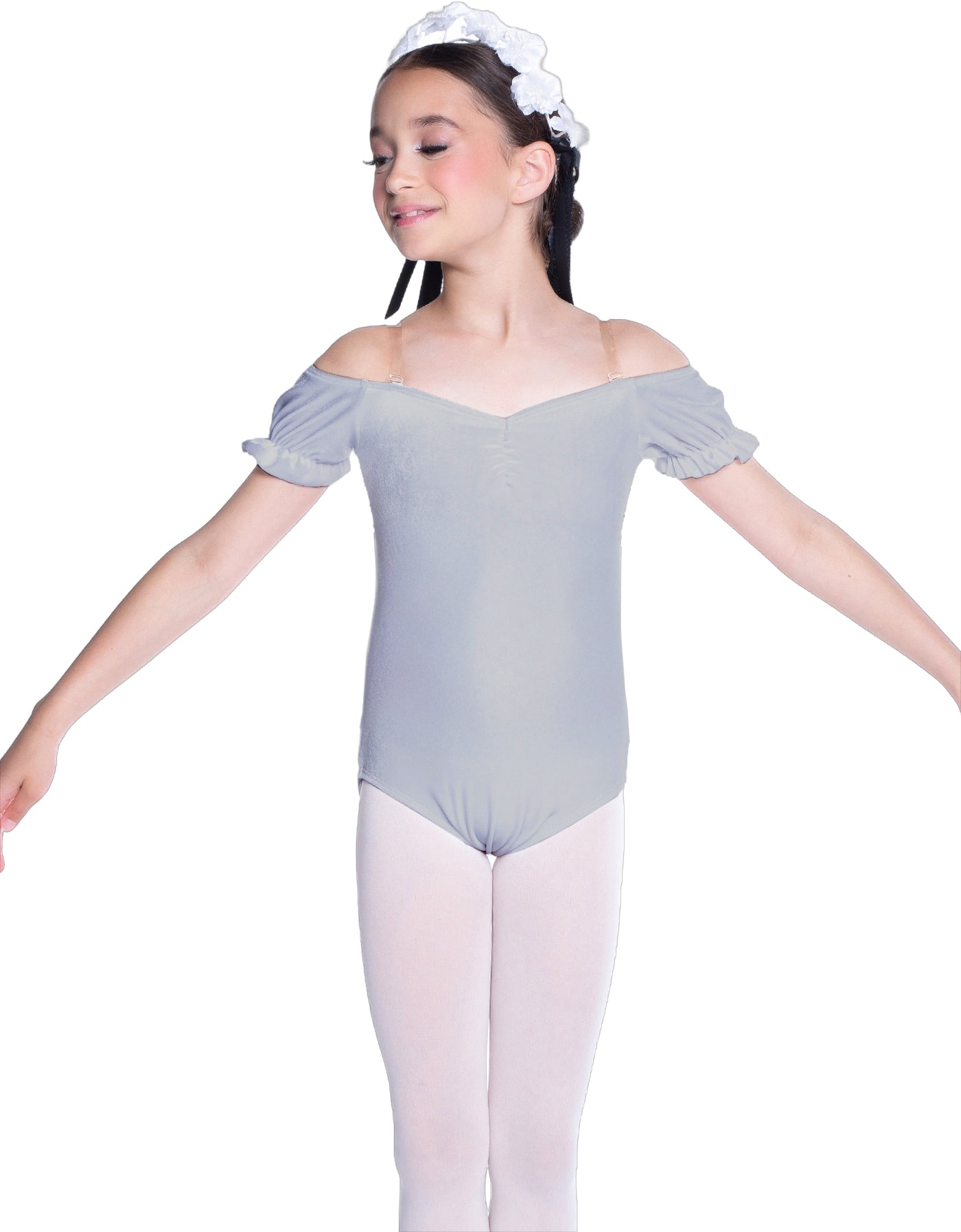 Solid Lycra Puff Sleeve Off the Shoulder Peasant Leotard