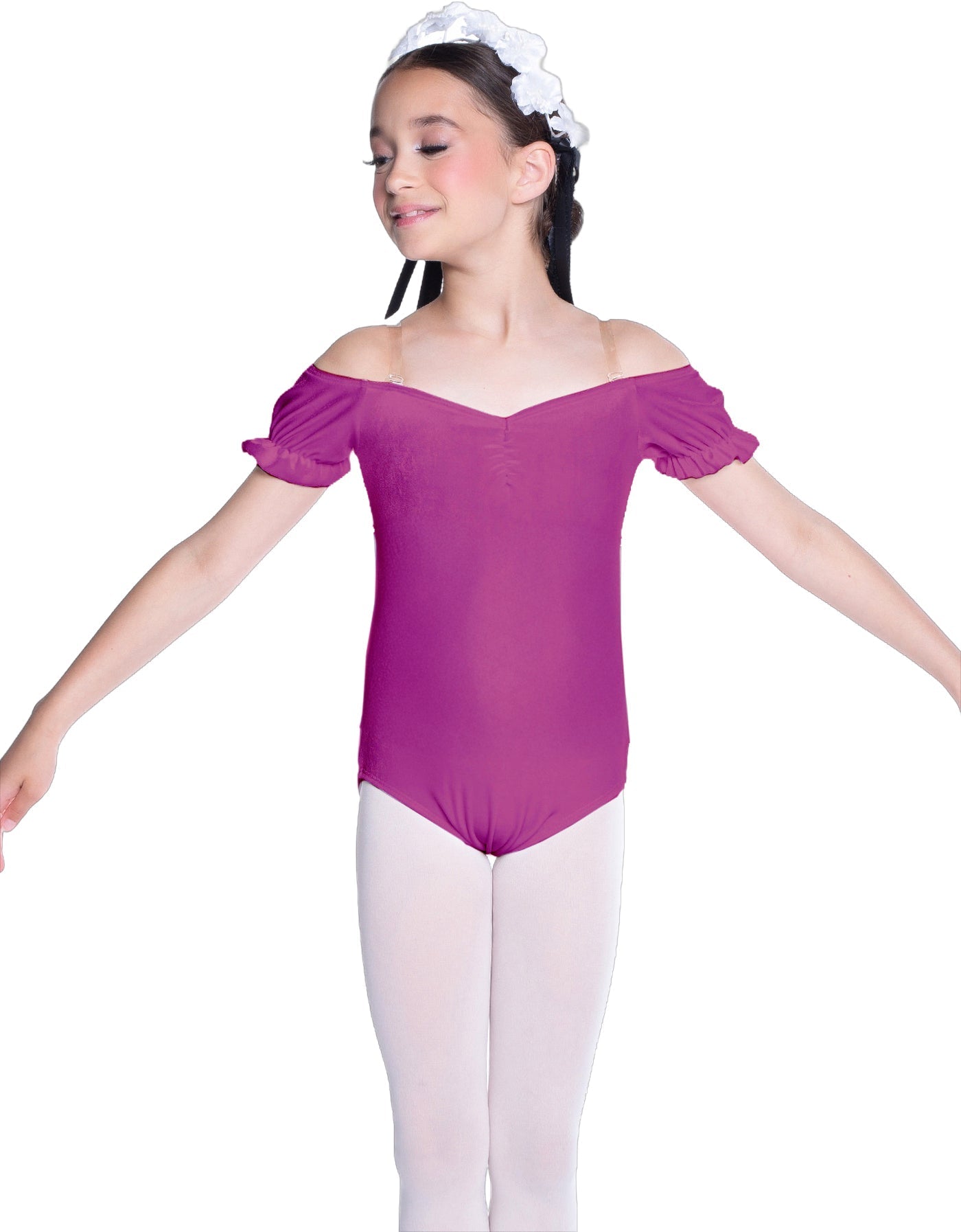 Solid Lycra Puff Sleeve Off the Shoulder Peasant Leotard