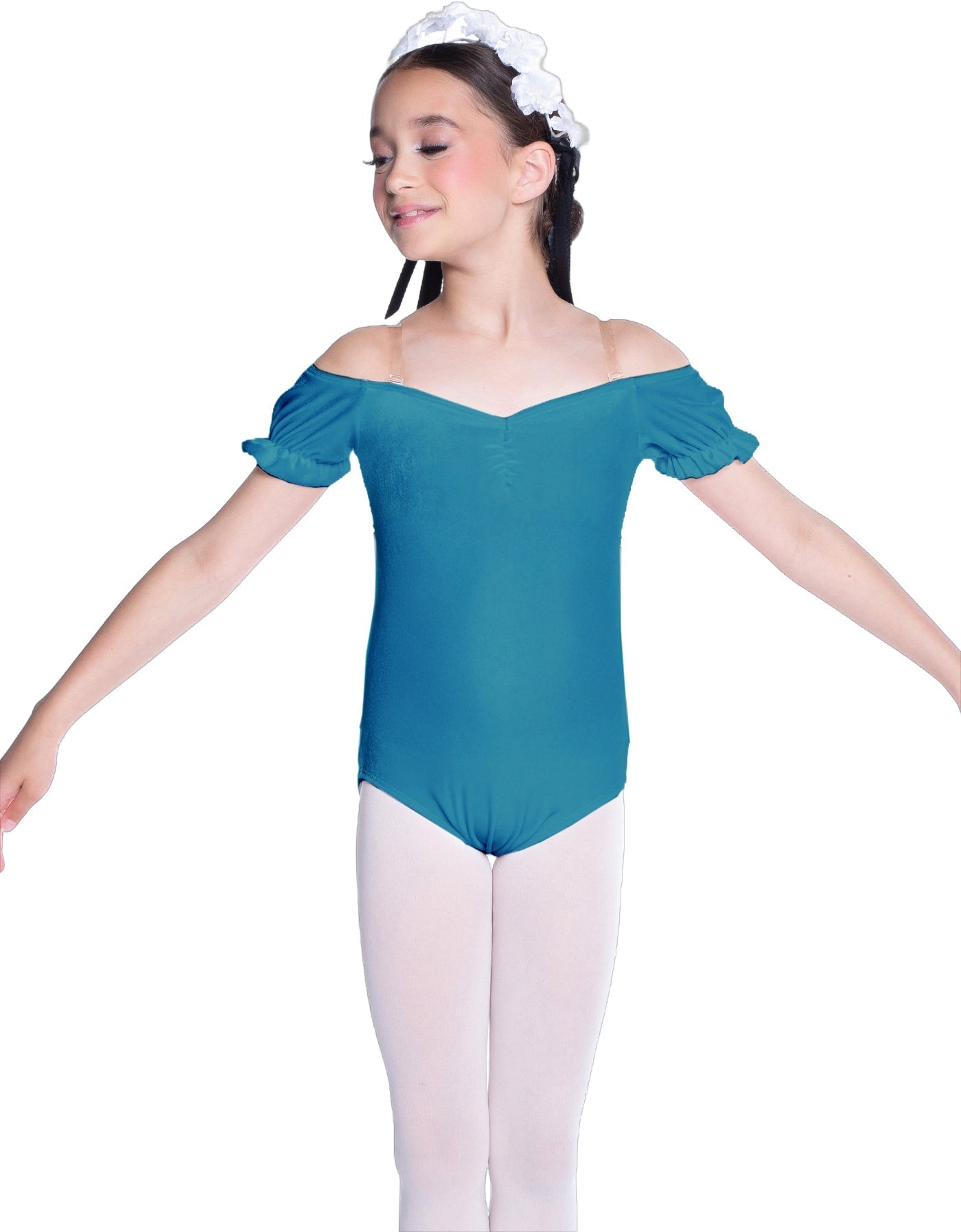 Solid Lycra Puff Sleeve Off the Shoulder Peasant Leotard