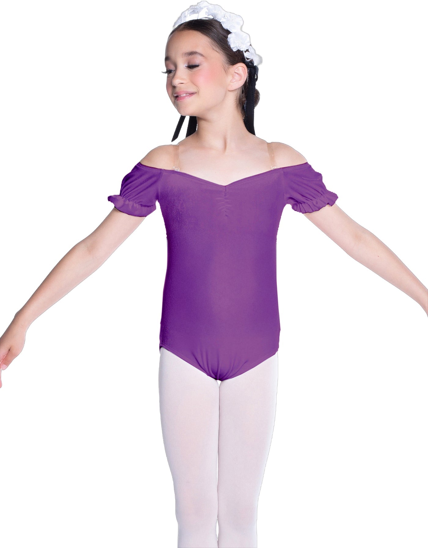 Solid Lycra Puff Sleeve Off the Shoulder Peasant Leotard