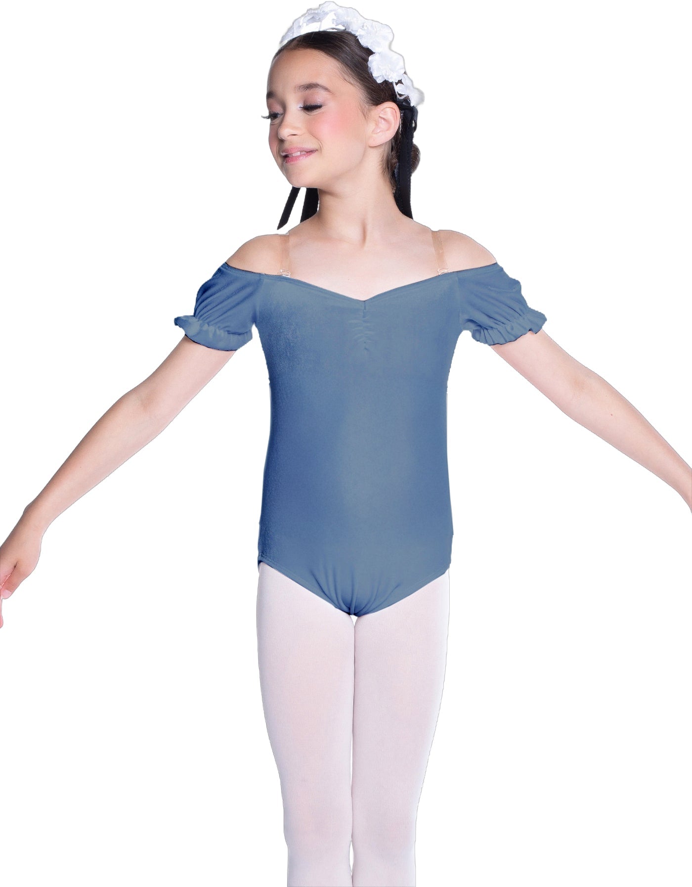 Solid Lycra Puff Sleeve Off the Shoulder Peasant Leotard