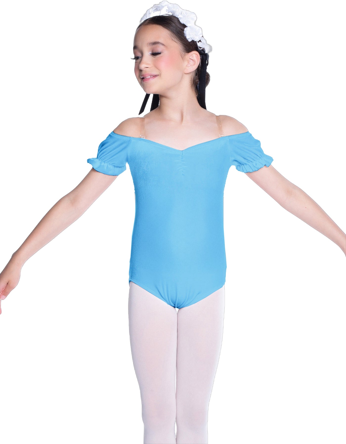 Solid Lycra Puff Sleeve Off the Shoulder Peasant Leotard