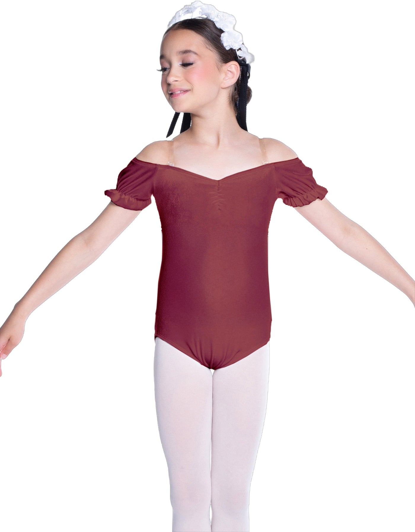 Solid Lycra Puff Sleeve Off the Shoulder Peasant Leotard