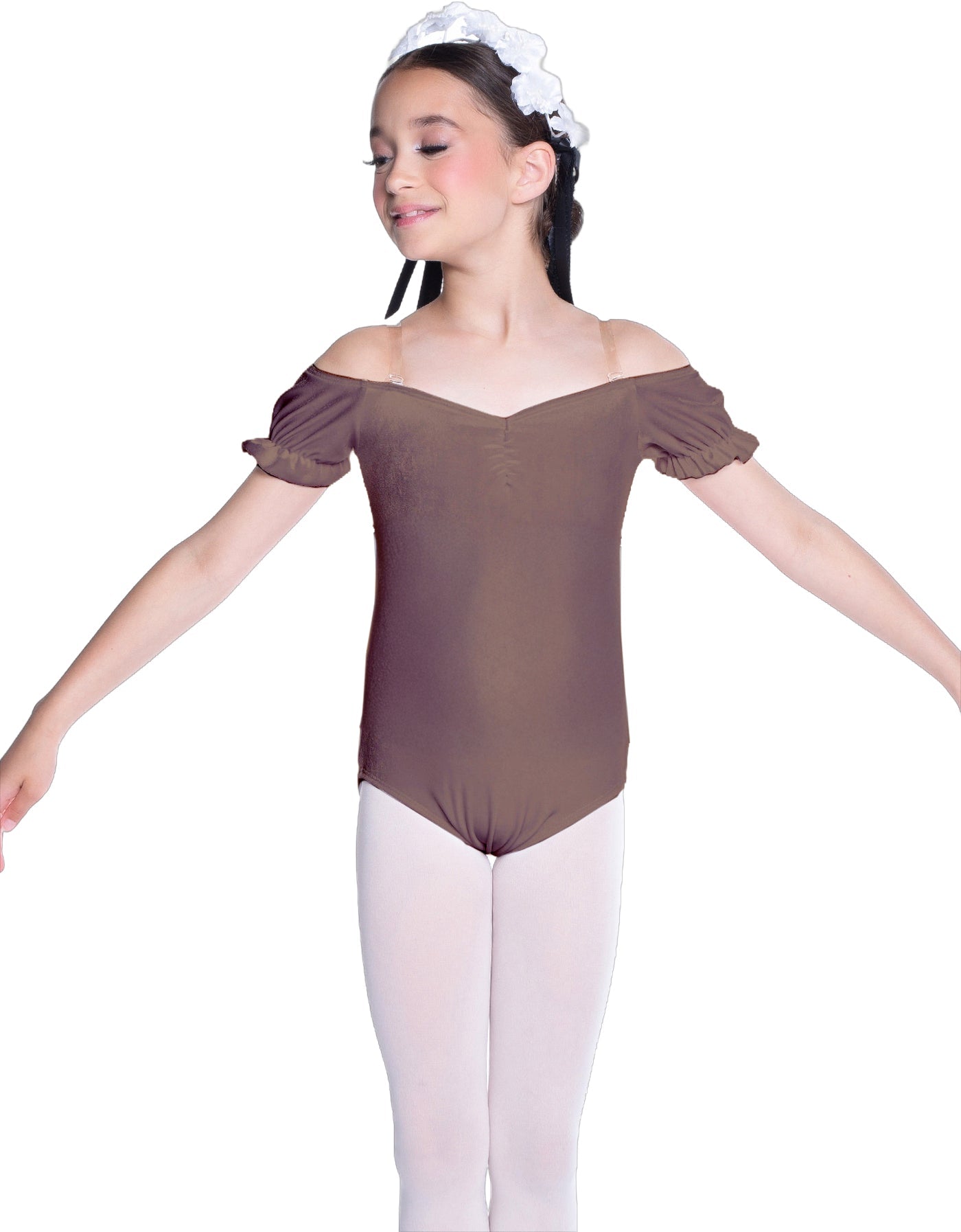 Solid Lycra Puff Sleeve Off the Shoulder Peasant Leotard