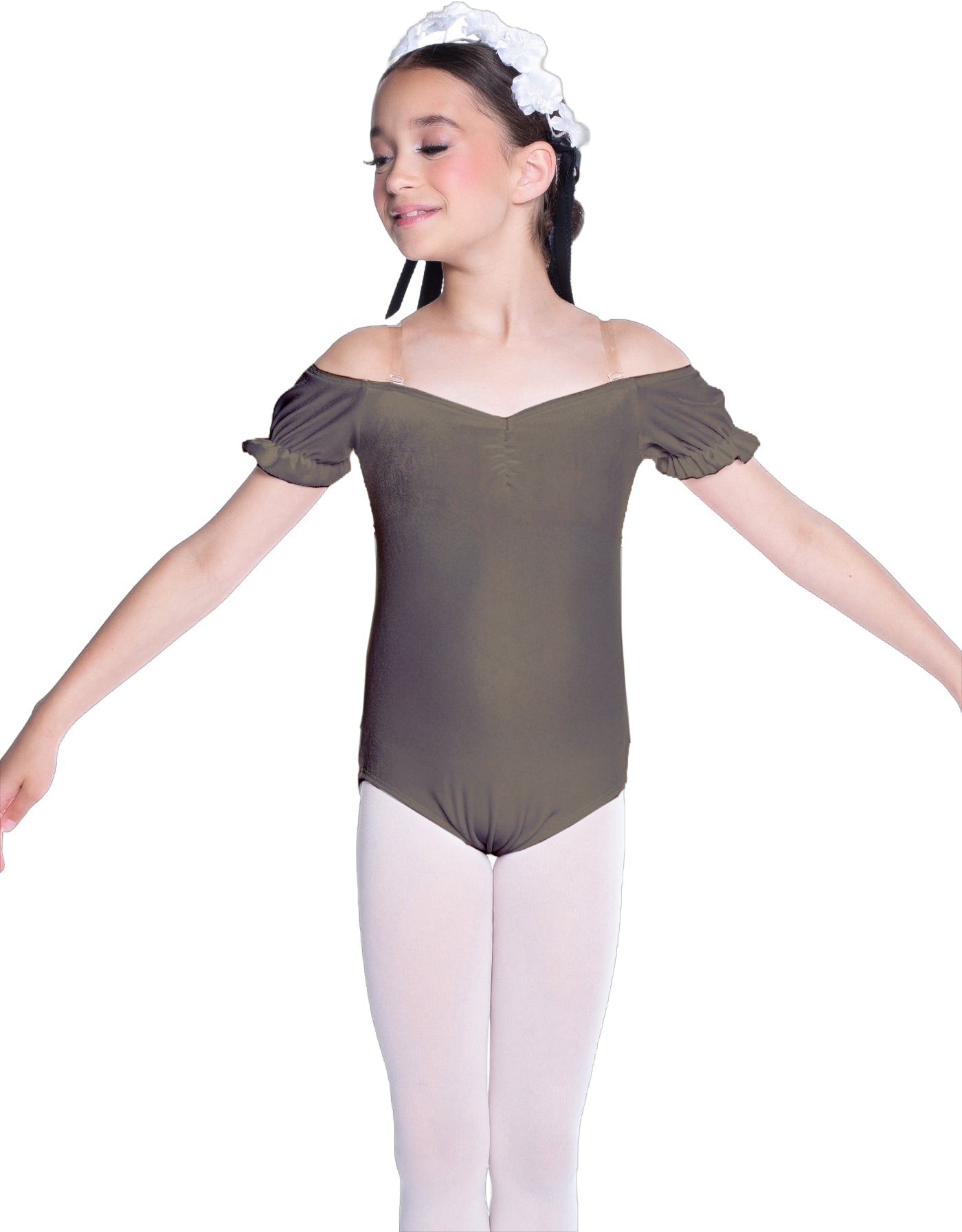 Solid Lycra Puff Sleeve Off the Shoulder Peasant Leotard