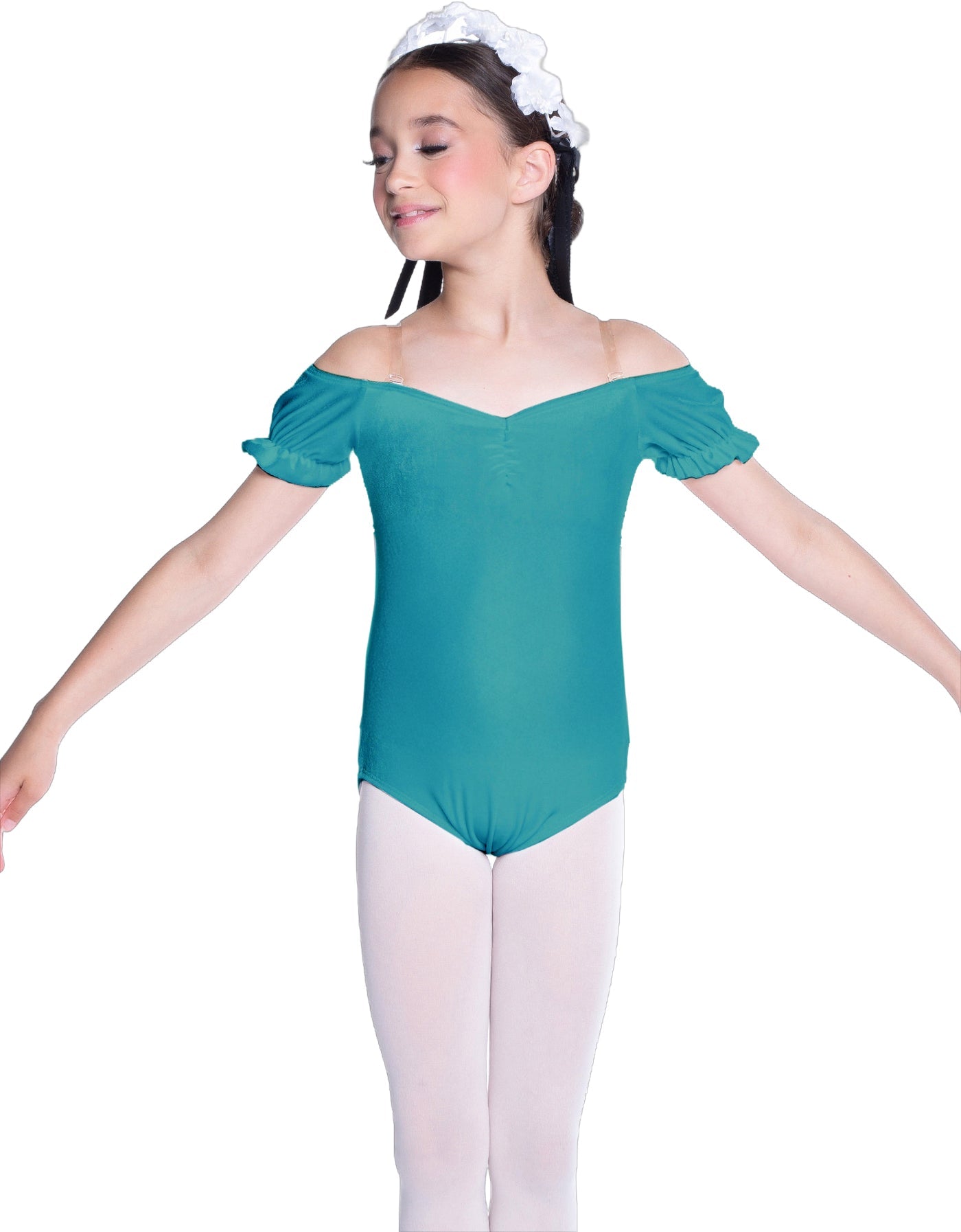 Solid Lycra Puff Sleeve Off the Shoulder Peasant Leotard