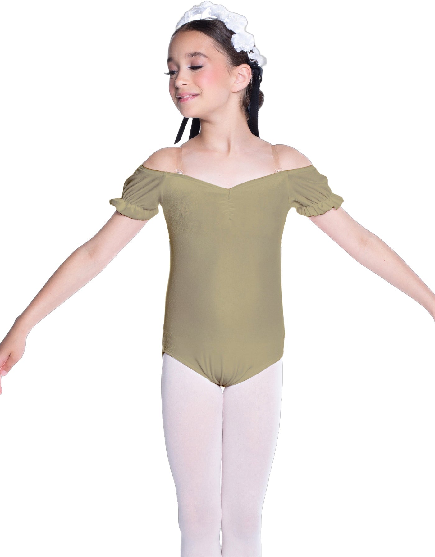 Solid Lycra Puff Sleeve Off the Shoulder Peasant Leotard