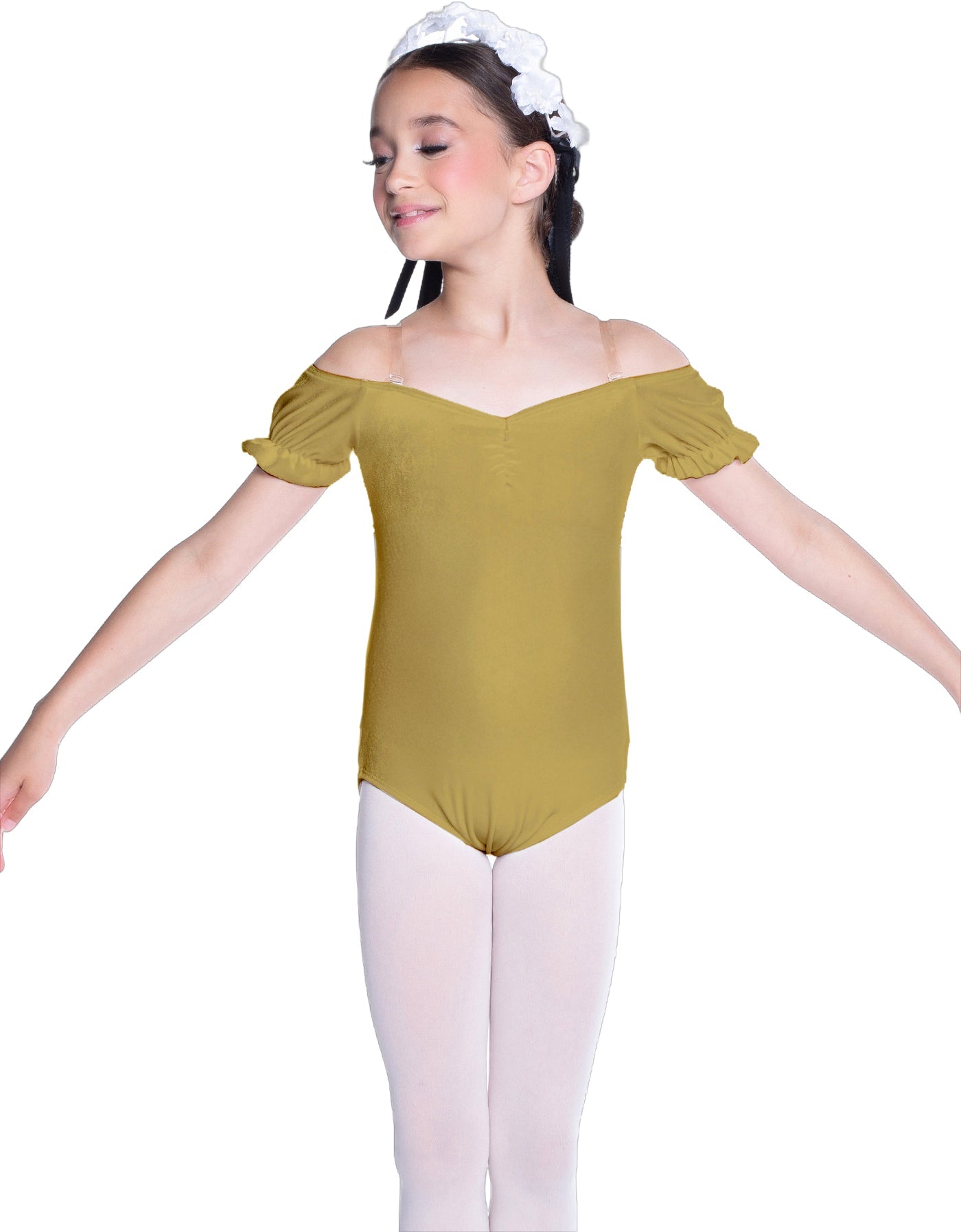 Solid Lycra Puff Sleeve Off the Shoulder Peasant Leotard