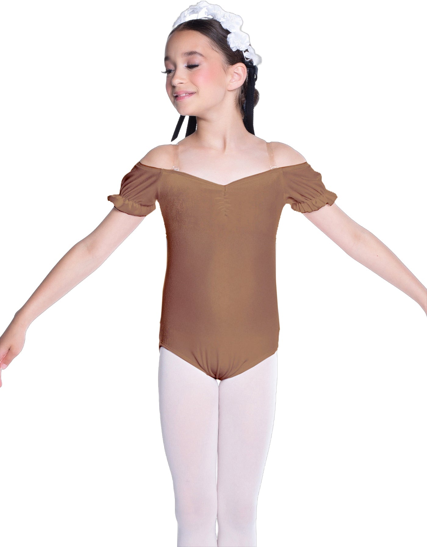 Solid Lycra Puff Sleeve Off the Shoulder Peasant Leotard