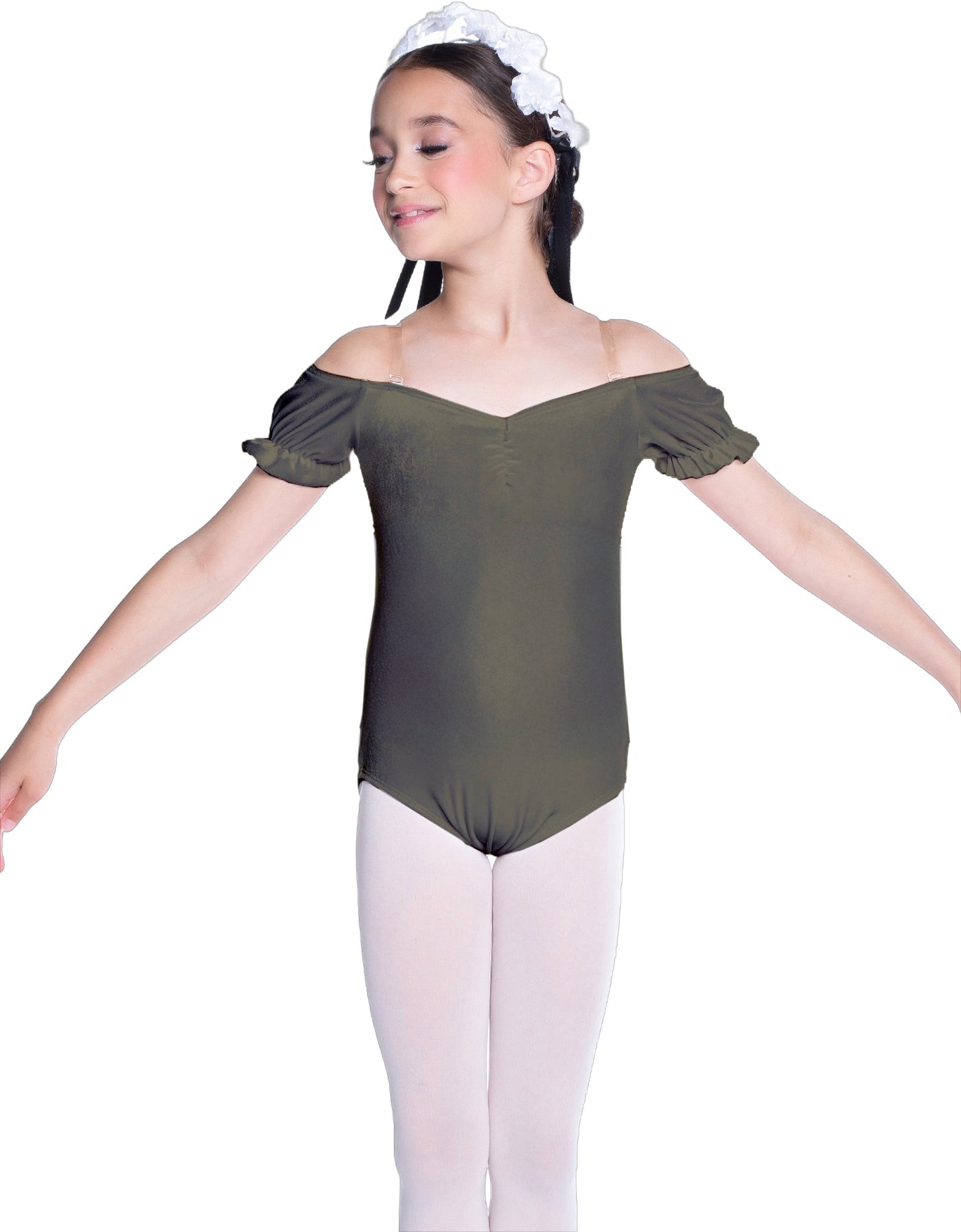 Solid Lycra Puff Sleeve Off the Shoulder Peasant Leotard