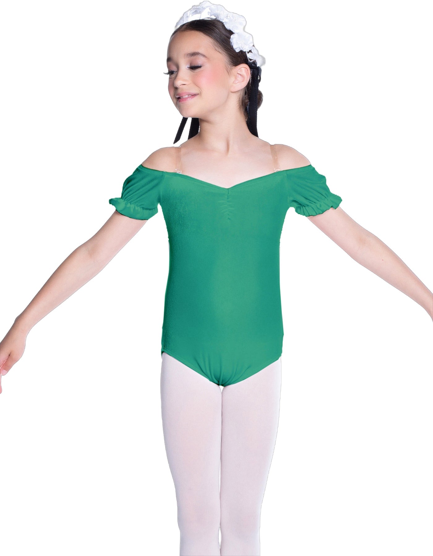Solid Lycra Puff Sleeve Off the Shoulder Peasant Leotard