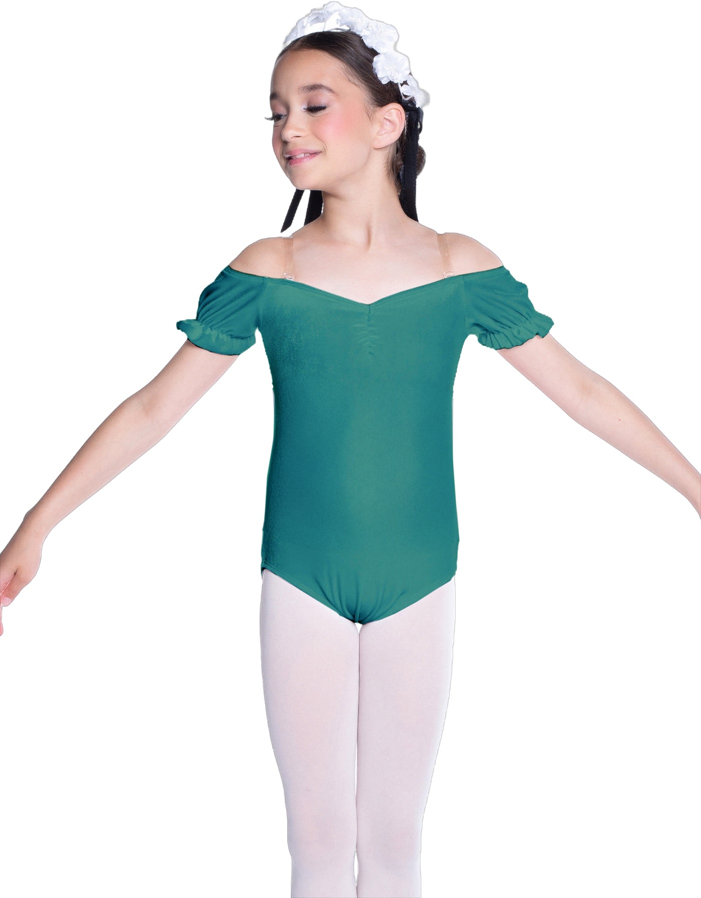 Solid Lycra Puff Sleeve Off the Shoulder Peasant Leotard